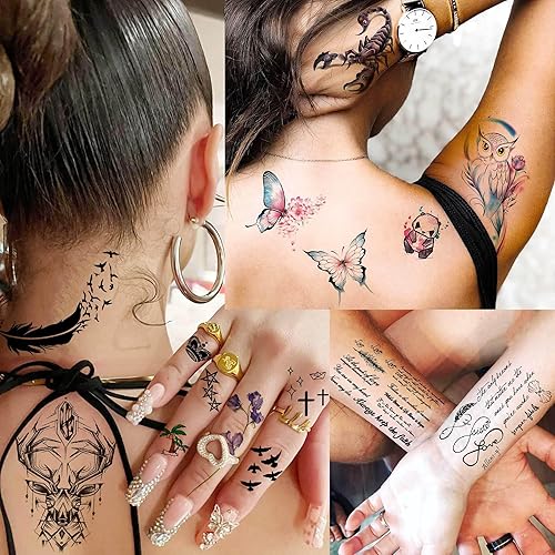 Miniatura 7 de Bilizar 56 hojas de tatuajes temporales de acuarela, búho, tigre, león, para mujeres y hombres, arte corporal, muslo, brazo y muslo, 3D de larga