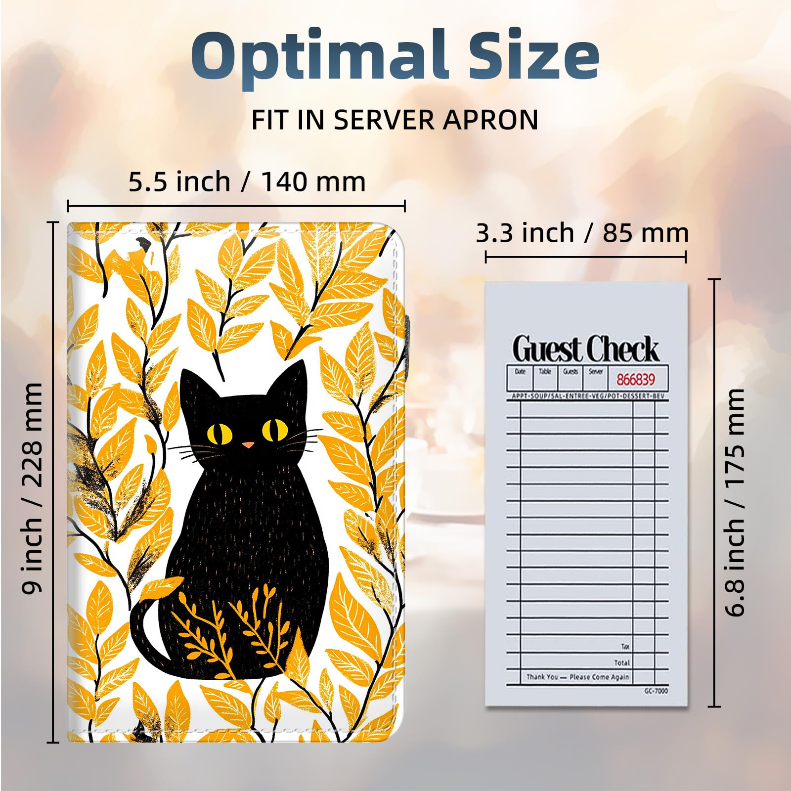 FQSXFIFN Leather Server Book for Waitress, Cute Server Book with Zipper Money Pocket,Check Presenters Waitstaff Organizer Fit Server Apron, Cat Leaves Serving Books, Black Waiter Books for Servers