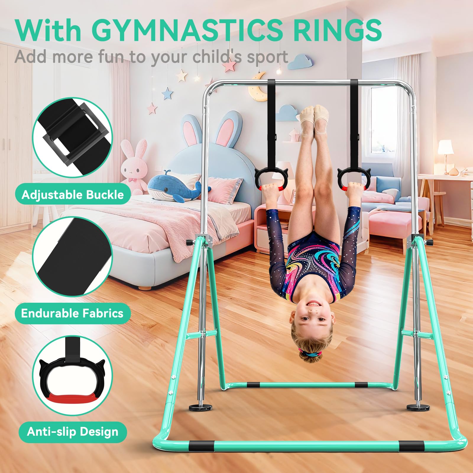 Barra de Gimnasia para Niños, Altura Ajustable y Plegable – con Anillos, Barra Horizontal para Interior, Equipo de Entrenamiento en Casa para Niñas y Niños