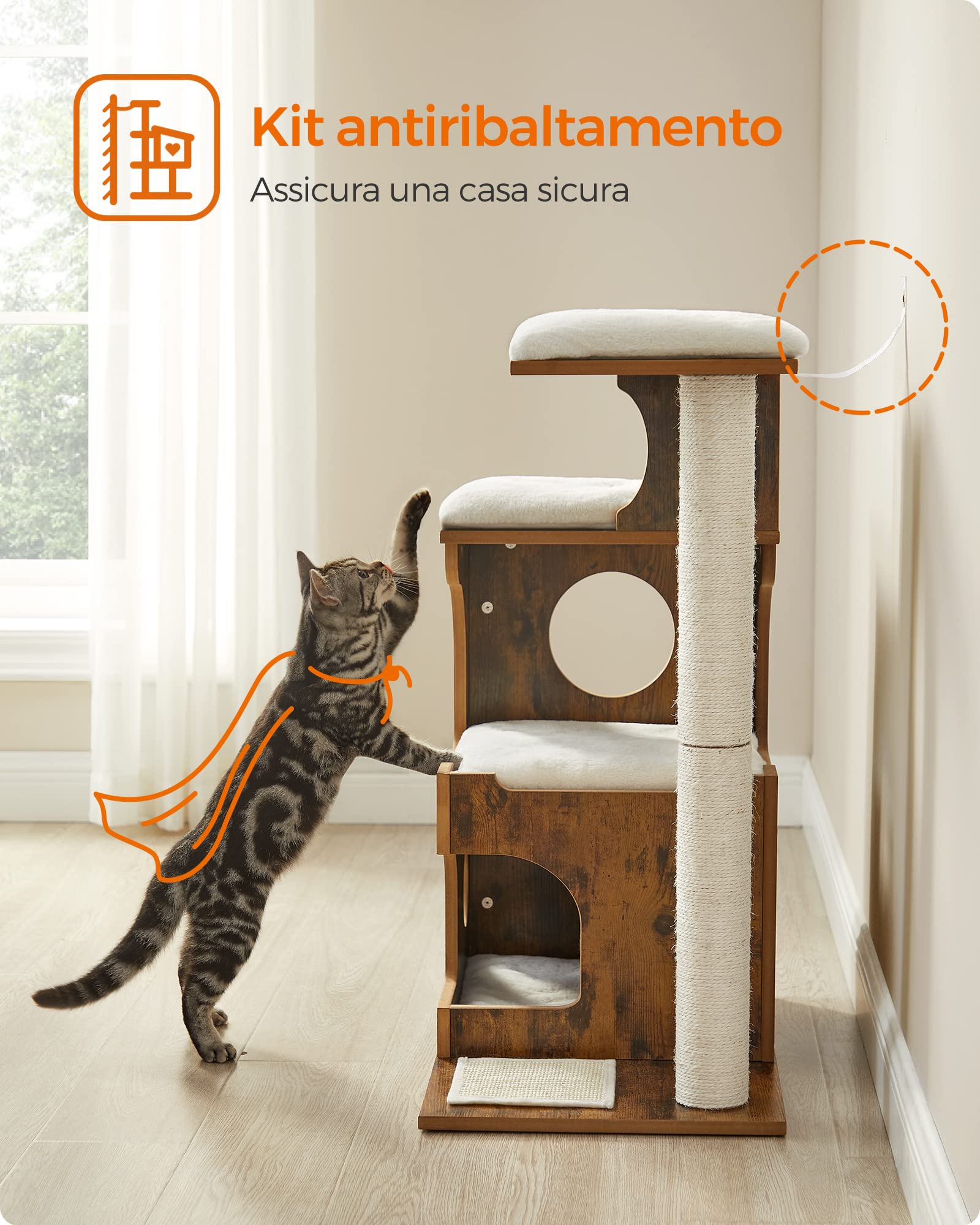 Feandrea Tiragraffi, Albero per Gatti di Truciolato Alto 86 cm, con Grotta, Posatoi, Colonna e Tappeto Graffiatoio in Sisal, Lavabili Tappeti in Pelliccia Sintetica, Marrone Vintage PCT70HW
