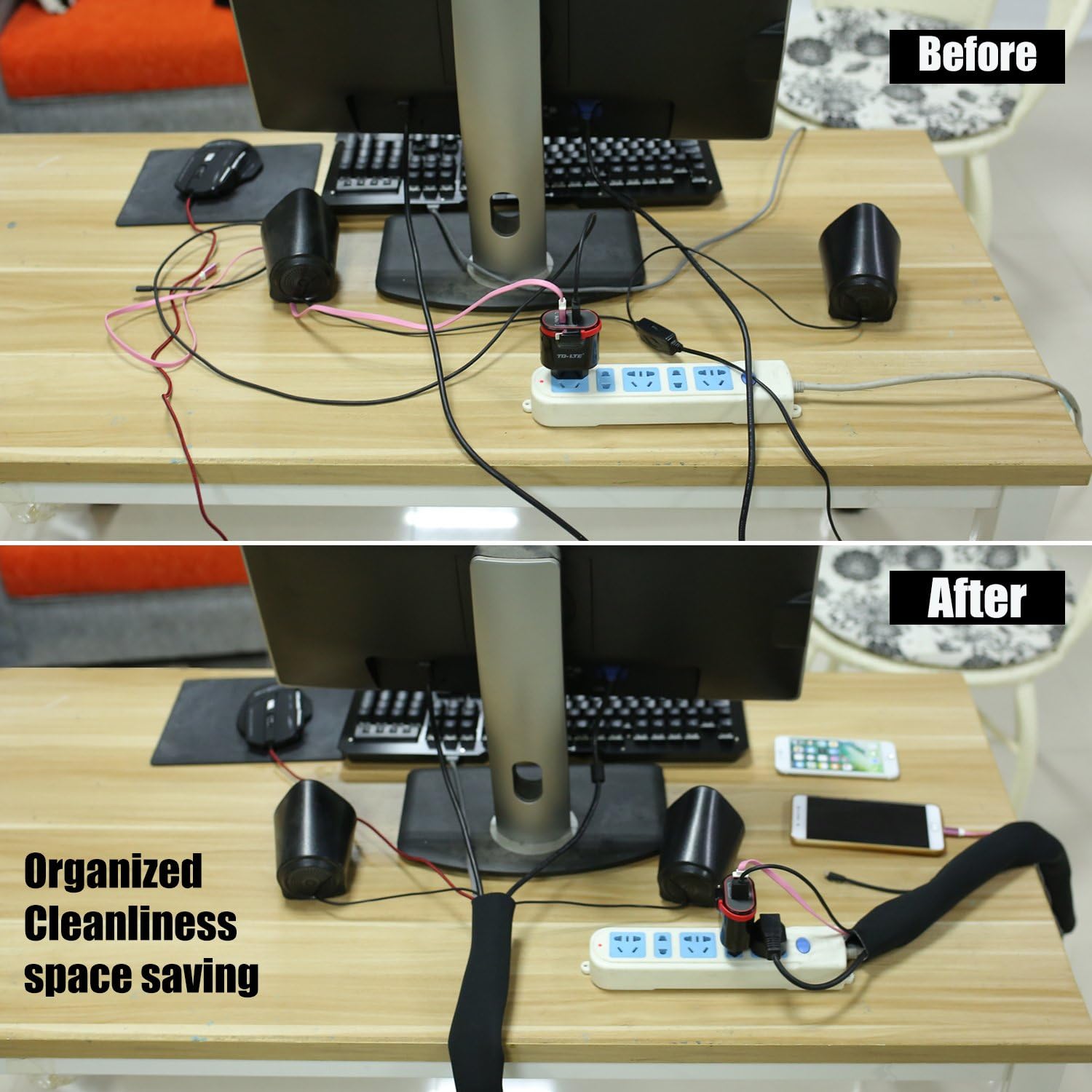 Cable Management Sleeves with Free Cable Clips and Ties(118 inch), ENVEL Neoprene Cord Organizer Hider with Nylon for TV USB PC Computer Network Wires, Adjustable Black White (118in) : Electronics