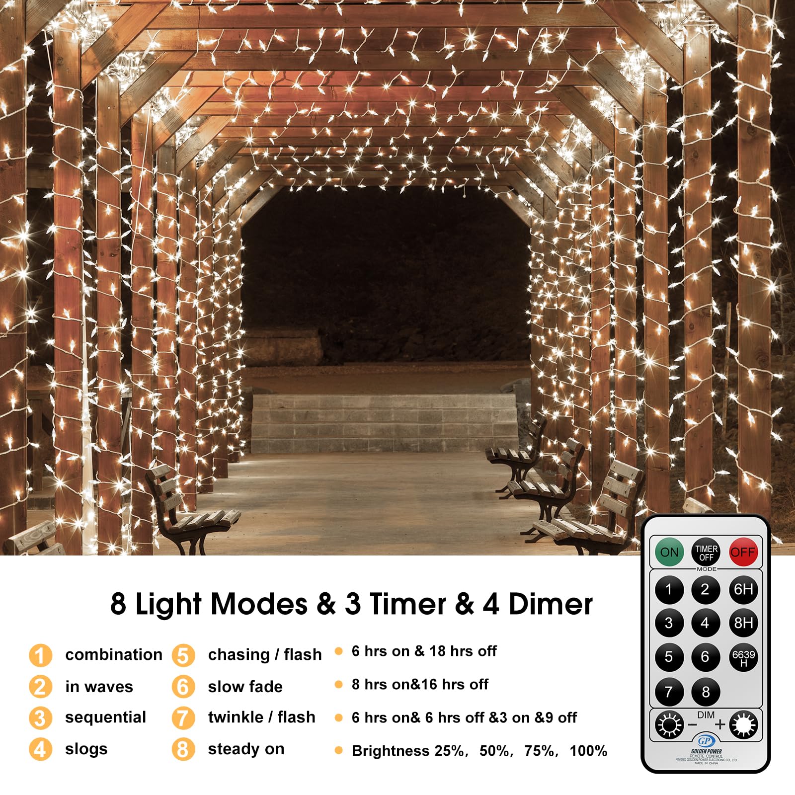 Lang Lichterkette Außen Strombetrieben,100M 800LEDs Mini Glühbirne Lichterkette Weihnachtsbeleuchtung Außen Innen Baum Lichterkette 8 Modi mit Fernbedienung, Timer,Wasserdicht(Weiss)