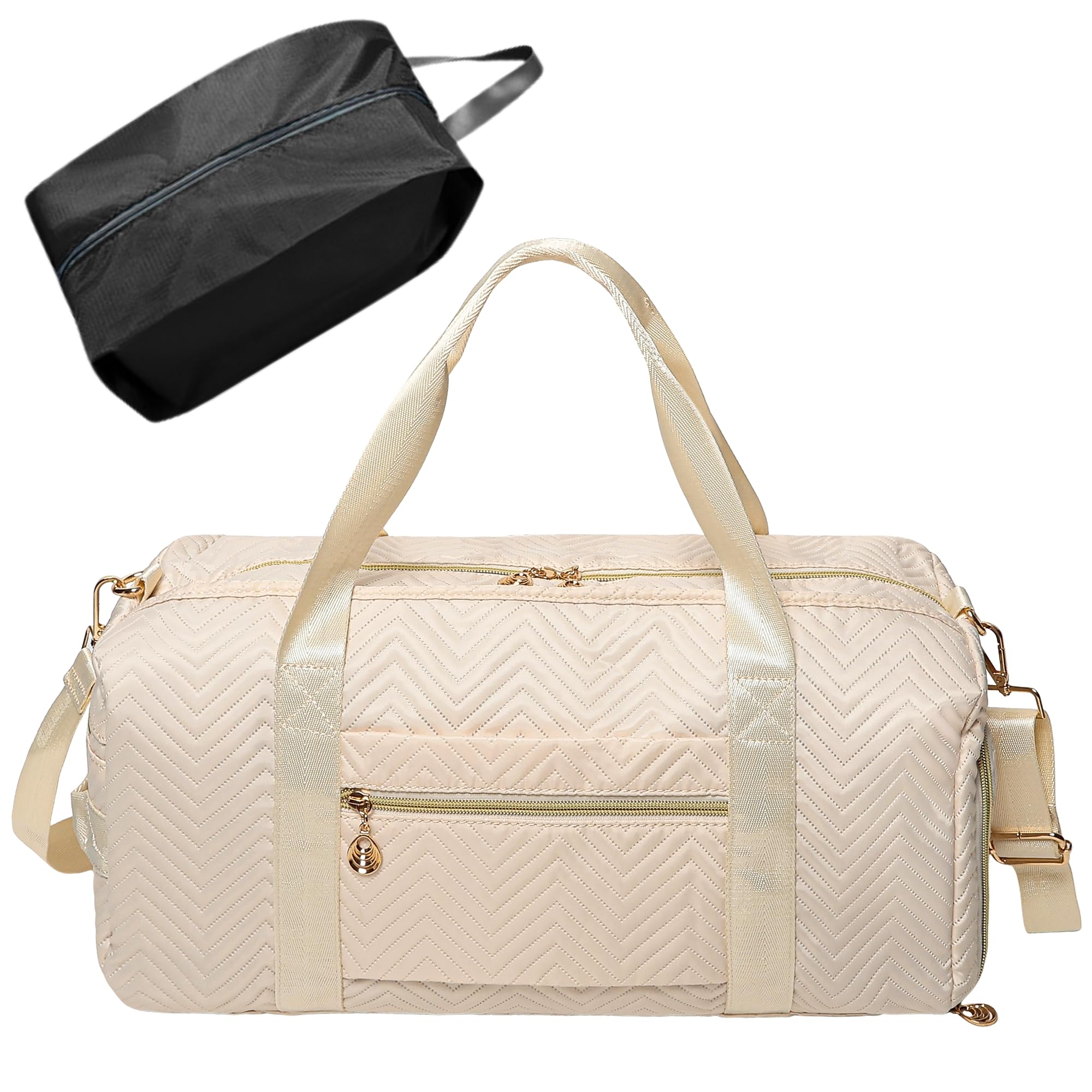 Foldable Travel Gym Carry On Duffle Bag Shoes Case & Compartment, Large Capacity Woven Design Gold Metal Zipper Collapsible Bags, 50L Wet Dry Water