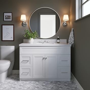 ARIEL Hamlet 48-inch Bathroom Vanity with Sink,Solid Wood, 1.5-inch Pure White Quartz Countertop & Backsplash, Single Rectangular Porcelain Sink, 2 Soft Closing Doors, 4 Dovetail Drawers, White