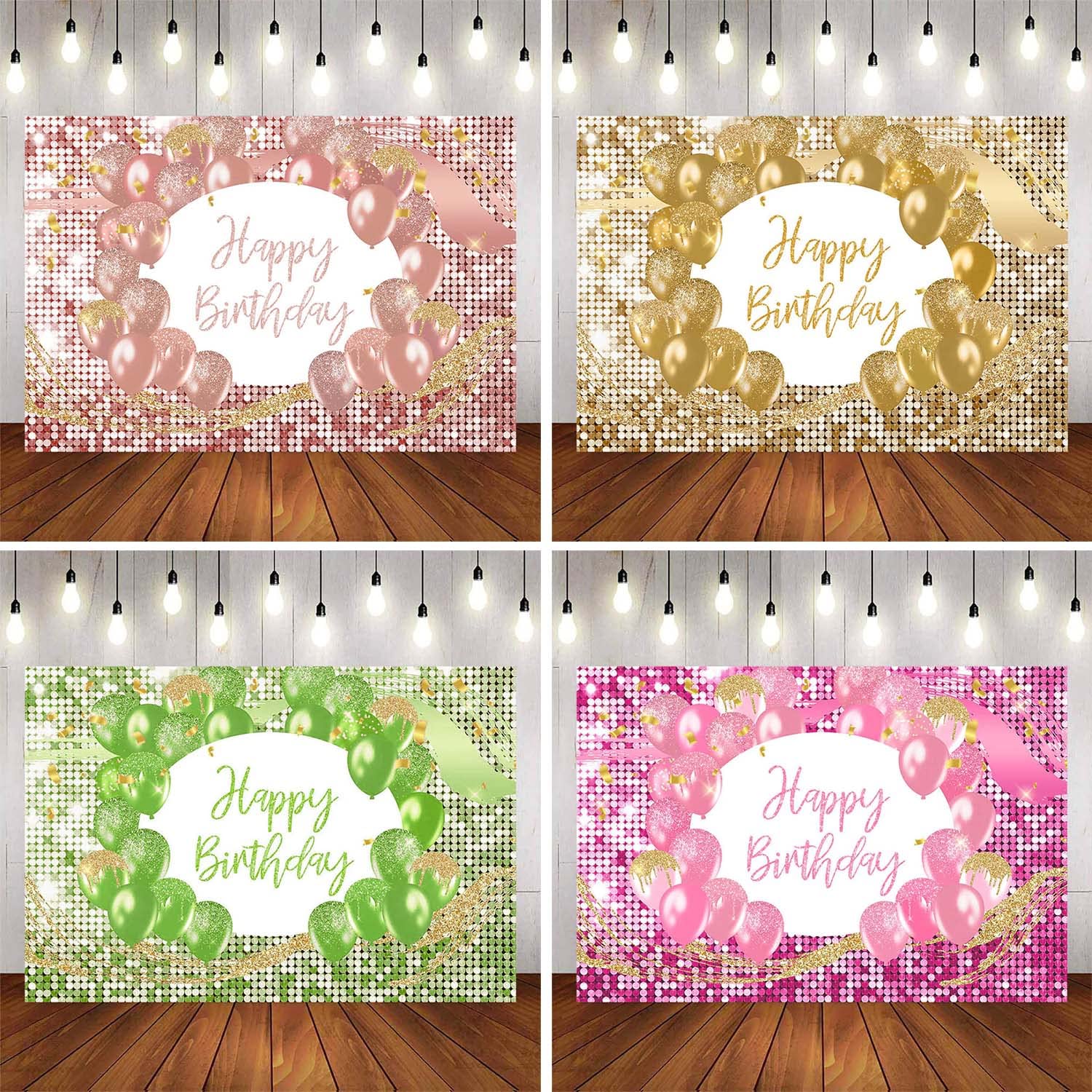 Champagner, Gold, Rosa, Blau, Grün, Lila, glänzende Punkte, Pailletten-Luftballons, Geburtstagsparty-Hintergrund, Poster, Kuchentisch-Banner, personalisierbar