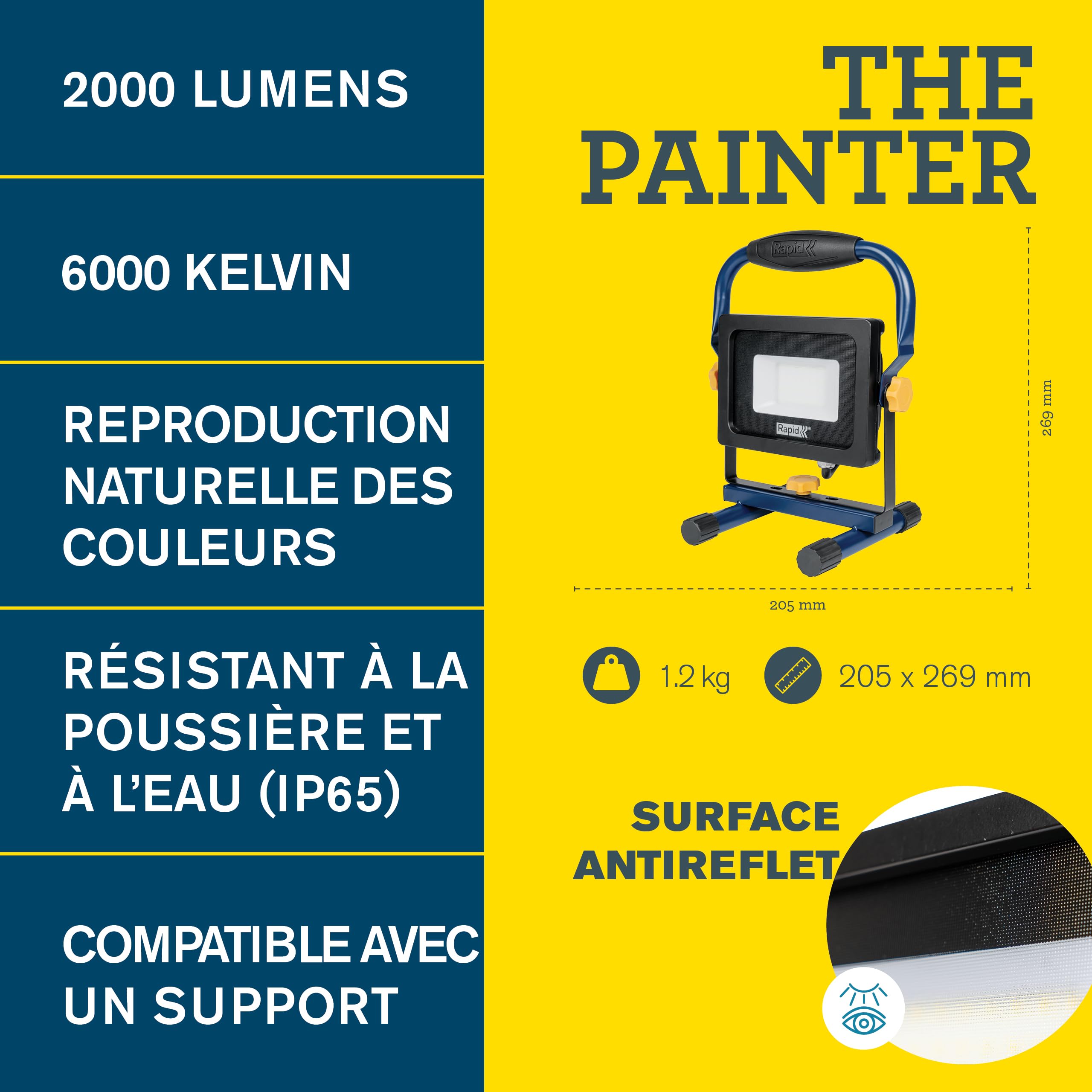 Projecteur LED Rapid The Painter : Éclairage 2000 lumens, angle réglable pour peinture et pose de papier peint, lumière anti-éblouissement, IP65, température de couleur 6000K, câble 2,5m, (5001729)