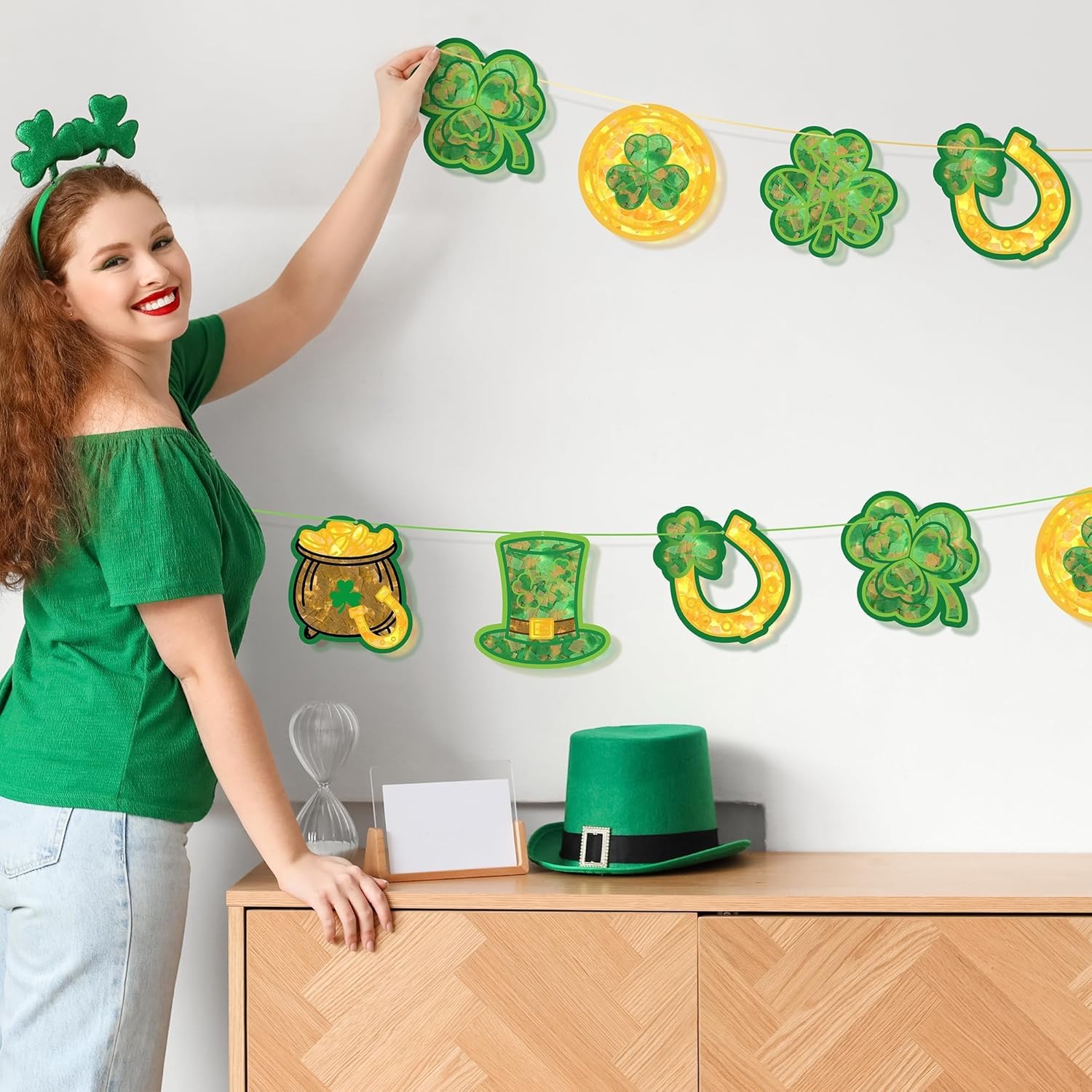 Aneco 24 Sets St. Patrick's Day Suncatchers Paper Craft Kit Shamrock Tissue Sign Craft Four Leaf Clover Hanging Decorations Window Art Ornaments Decor for Party Holiday Home Activities