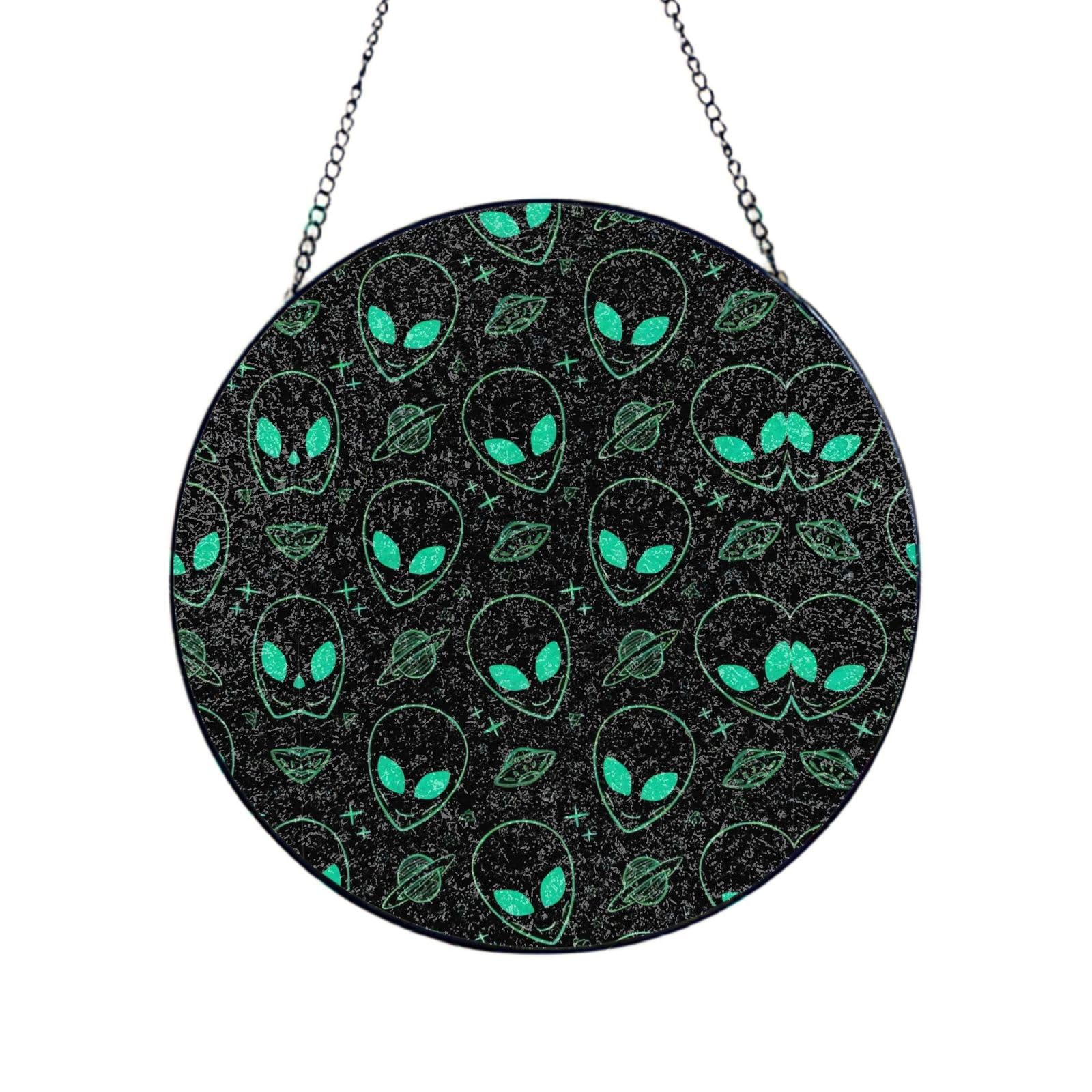 Phayah Aliens Print Stained Glass Window Hanging Suncatcher For Door Terrace Garden Home Decor Sun Catcher Birthday Gifts For Lovers Dad Mom 4in（10cm）