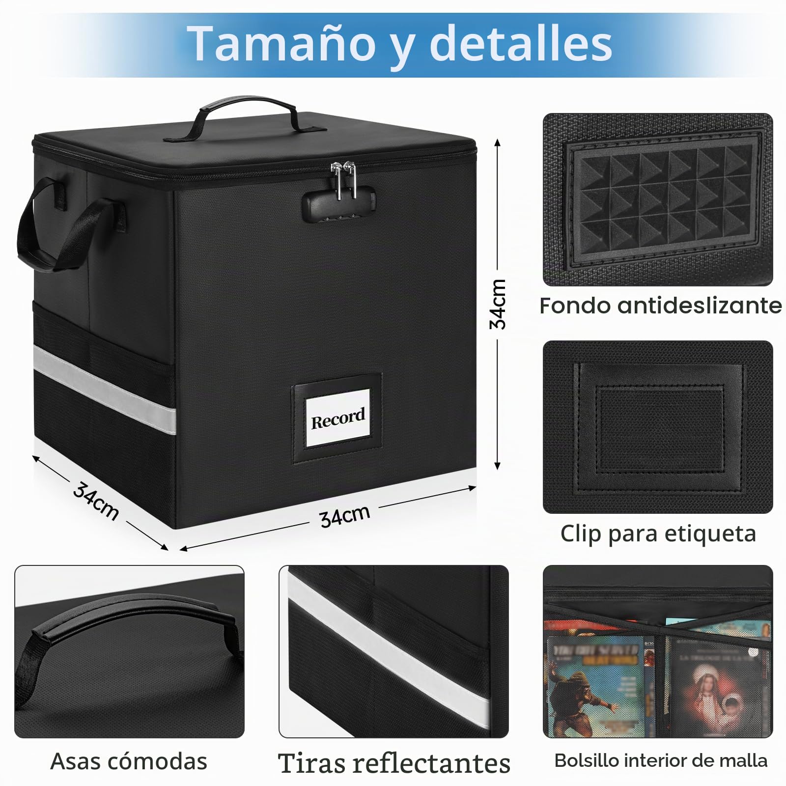 OUUTMEE Caja de almacenamiento ignífuga con cerradura para discos de vinilo, caja plegable resistente al agua para discos LP de 12", con capacidad para más de 50 discos individuales, grande.