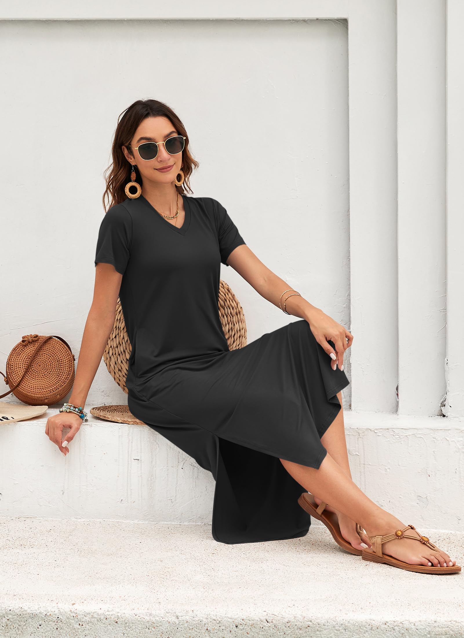 AUSELILY Maxi Vestidos Largos Sueltos De Manga Corta con Bolsillos para Muje Casual Estampado Floral Vestidos Playeros con Bolsillos