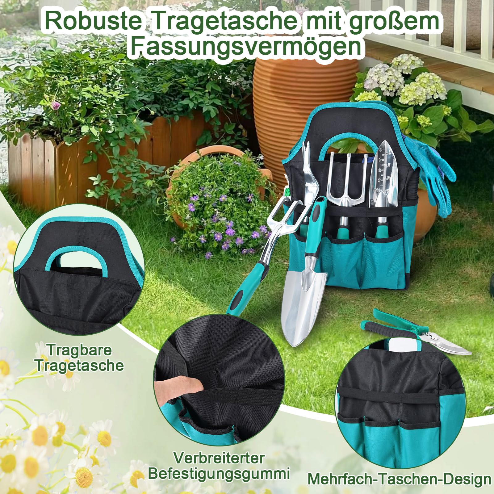 Gartenwerkzeug Set, 22 Stück Gartenset Werkzeug für Gartenarbeit mit Gartengeräte Organizer Handtasche, ideale Gartengeschenke Kit für Frauen & Männer
