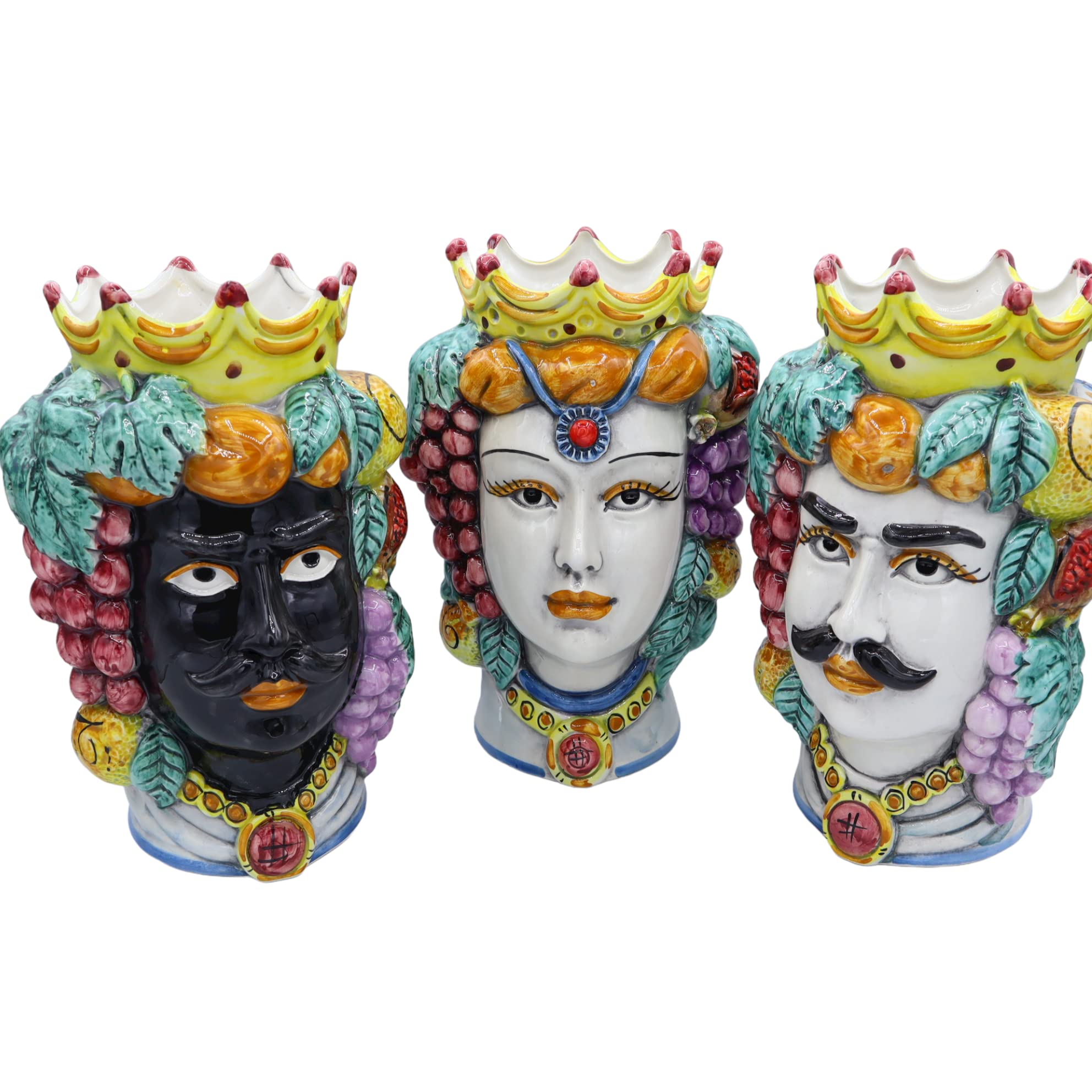 Testa Di Moro Siciliana In Ceramica Di Caltagirone – Vaso Da Fiori Donna Con Frutta, H 25 Cm, Dipinta A Mano Per Interni Ed Esterni, Opera Unica Artigianale