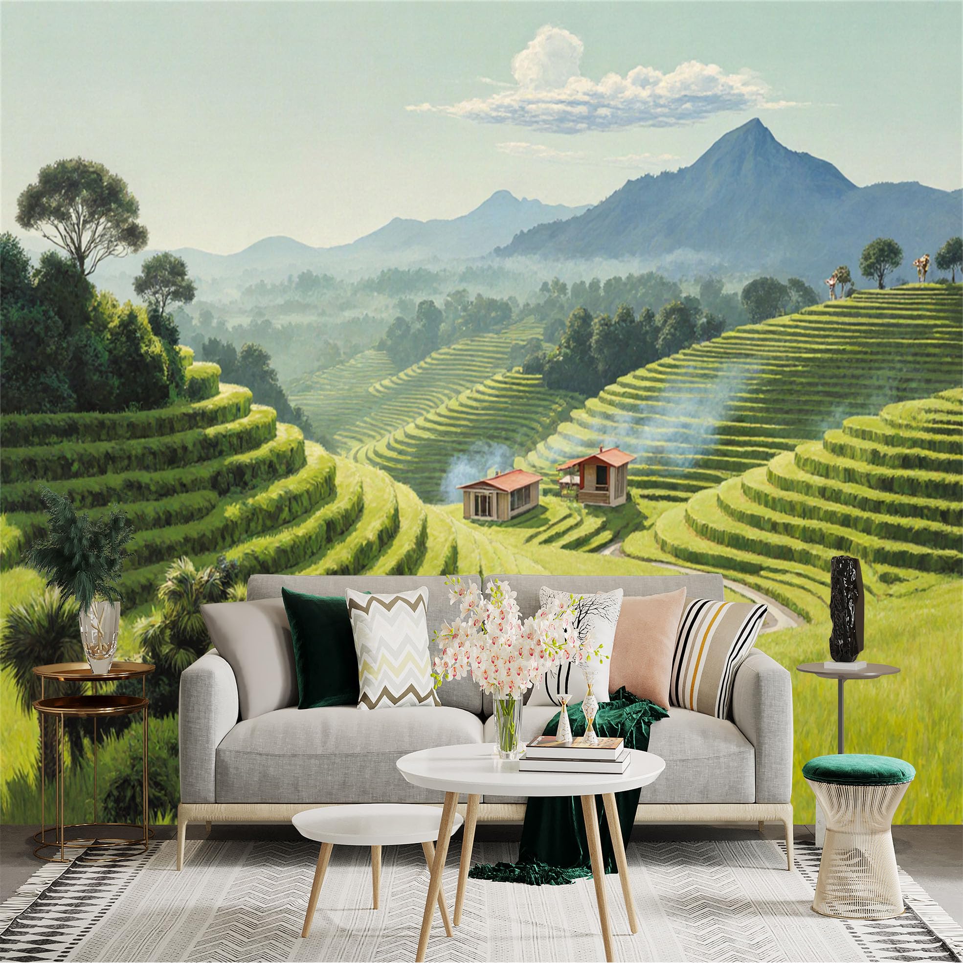 Custom Size Wall Sticker Mural， Green Rice Terraces with Mountain View， Countryside Landscape and Farmhouses， for wall Decoration， peelandstick wall Decals.