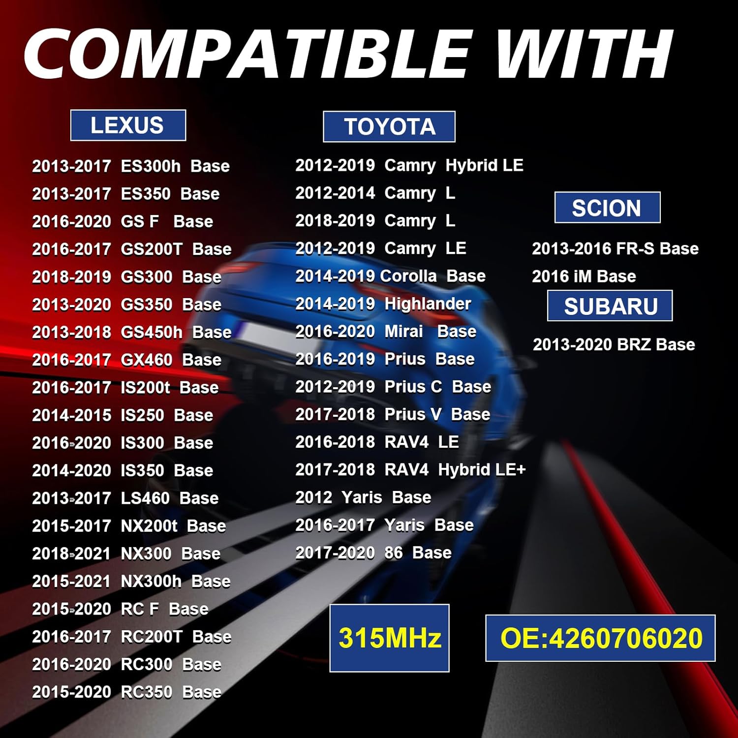 Pre-Programmed Tire Pressure Monitoring Sensor 315MHz TPMS Sensor Compatible with Toyota 2012-2019 Camry 2014-2019 Highlander, for Lexus Scion Subaru 4PCS Replace 4260706020 PMV-C010