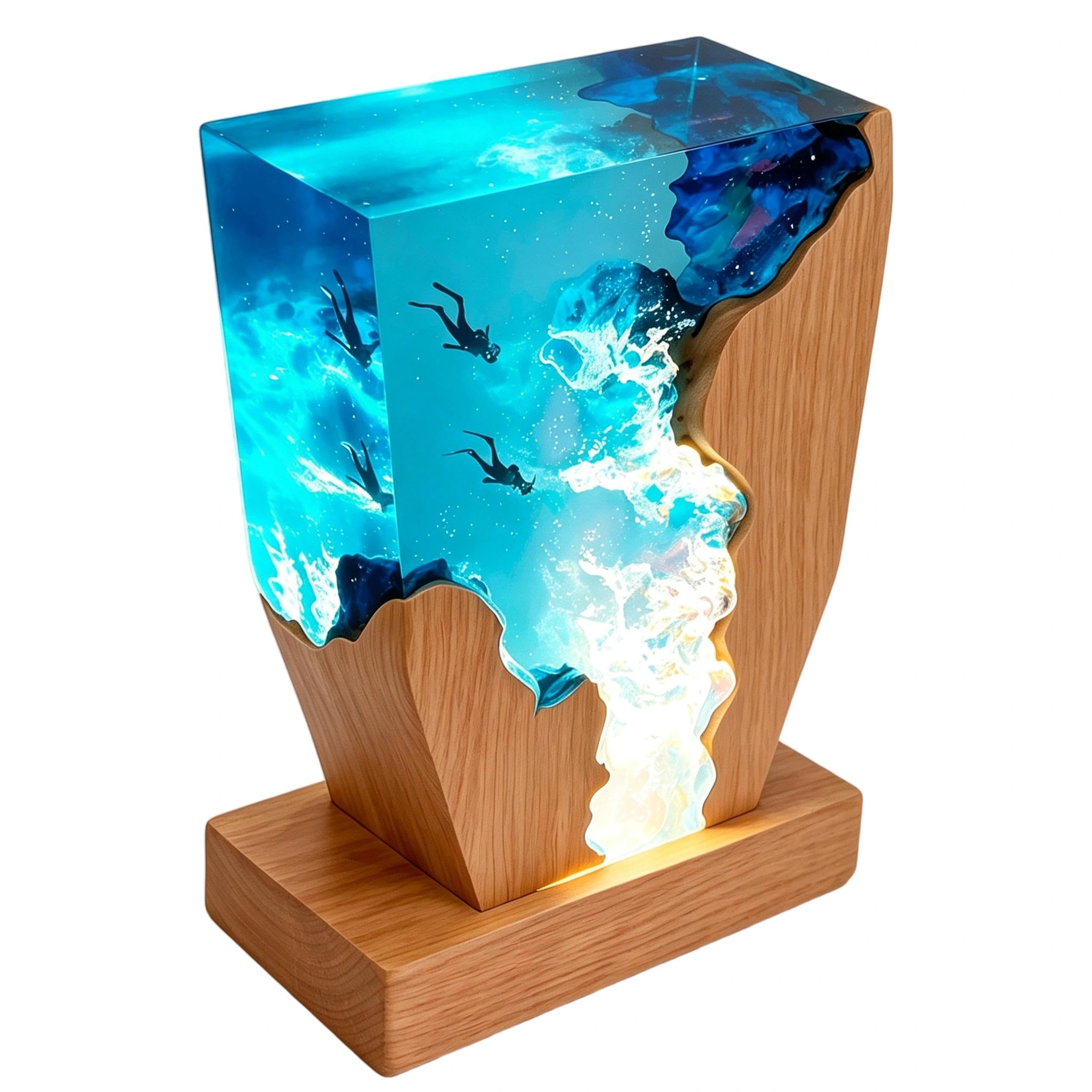 Lampe résine, thème marin, avec socle bois, LED, 22x17cm, pour décoration | Sous-marin; pour salon et chambre; cadeau.