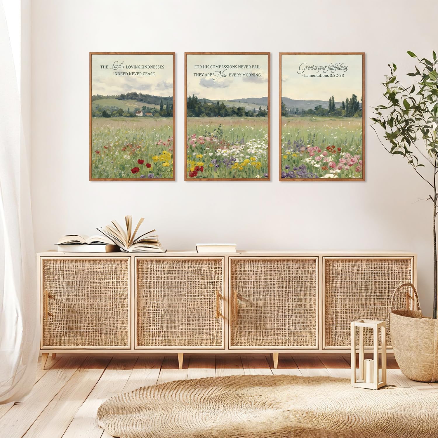 IARTTOP Framed Christian Scripture Floral Wall Art Modern Bible Verse Canvas Poster Spring Wildflowers Landscape Wall Decor Lamentations 3:22-23 Religious Scripture Art Prints for Living Room Church Decor Flowers Christian Artwork16”x24”x3