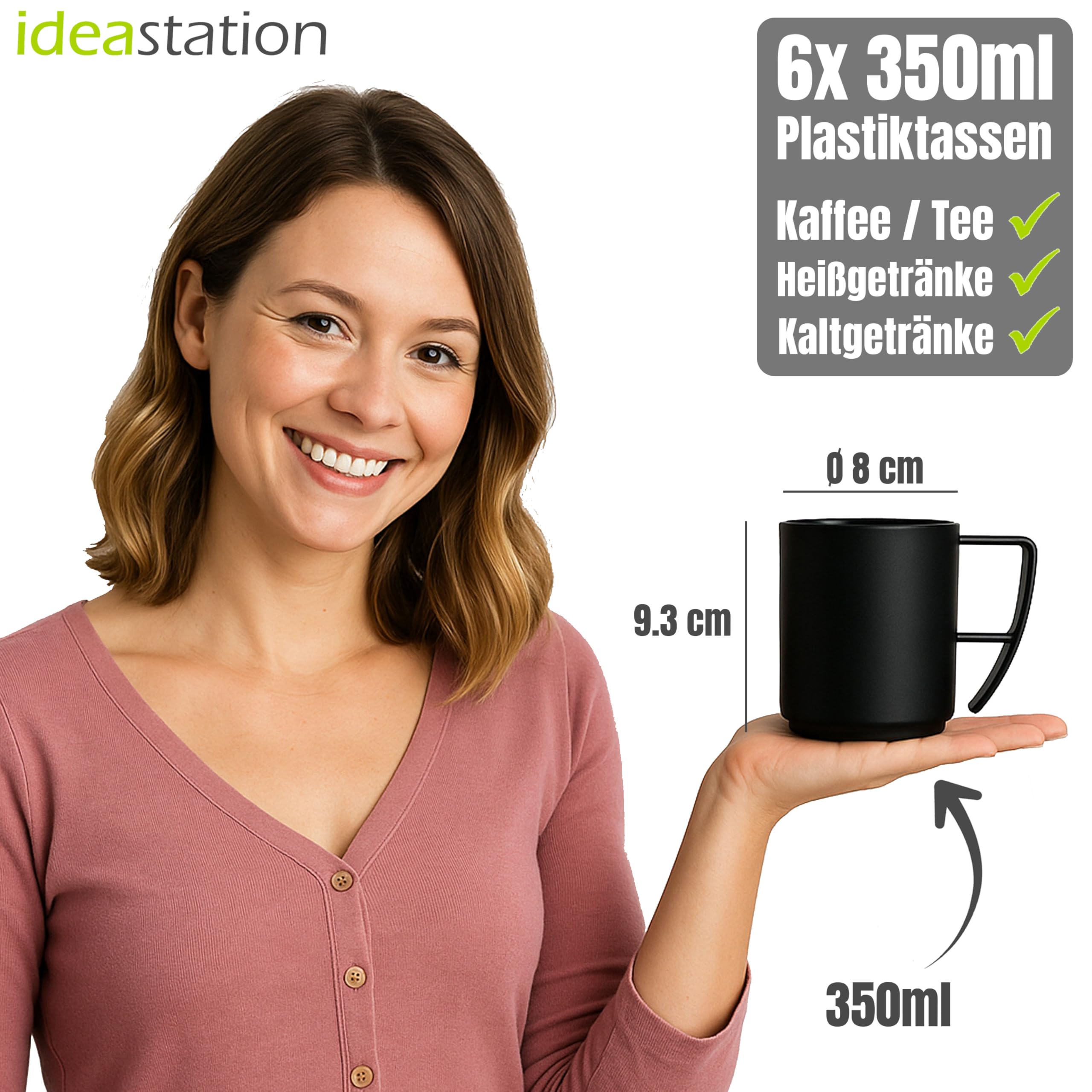 Set di tazze da campeggio in plastica 6 x 350 ml nero opaco infrangibili
