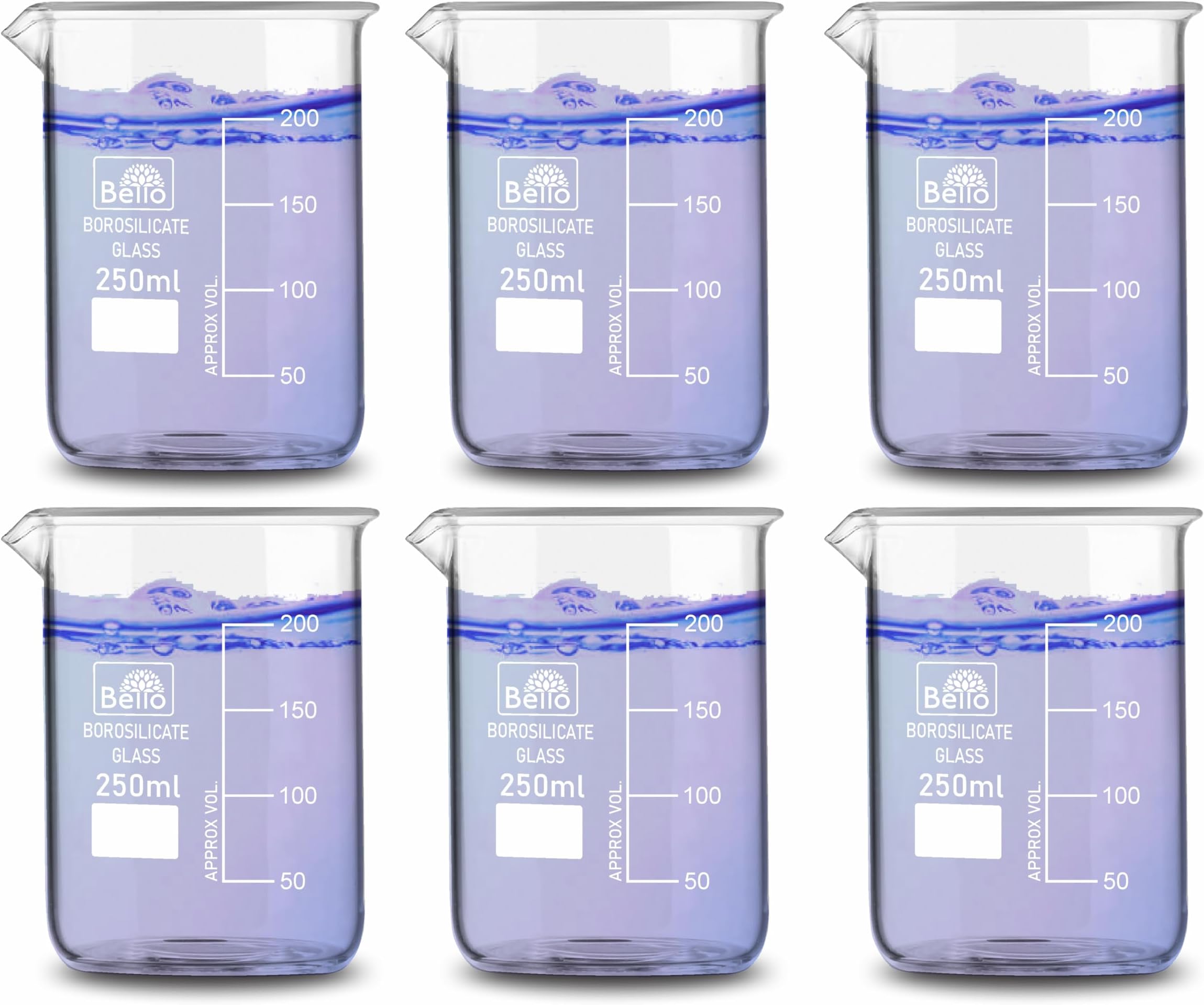 Bello Borosilicate 3.3 Glass Beaker 250 ml with Graduation Marks, Pack of 6 Beakers for school collage chemistry lab laboratory