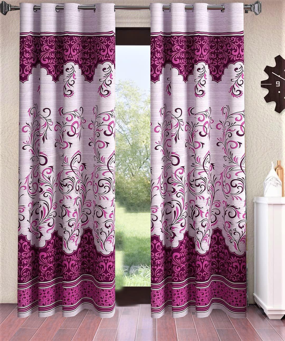 IVAZA Classic Panel Eyelet Polyester Floral Print Door Curtain 7 Feet Pack of 2 Wine-image-9