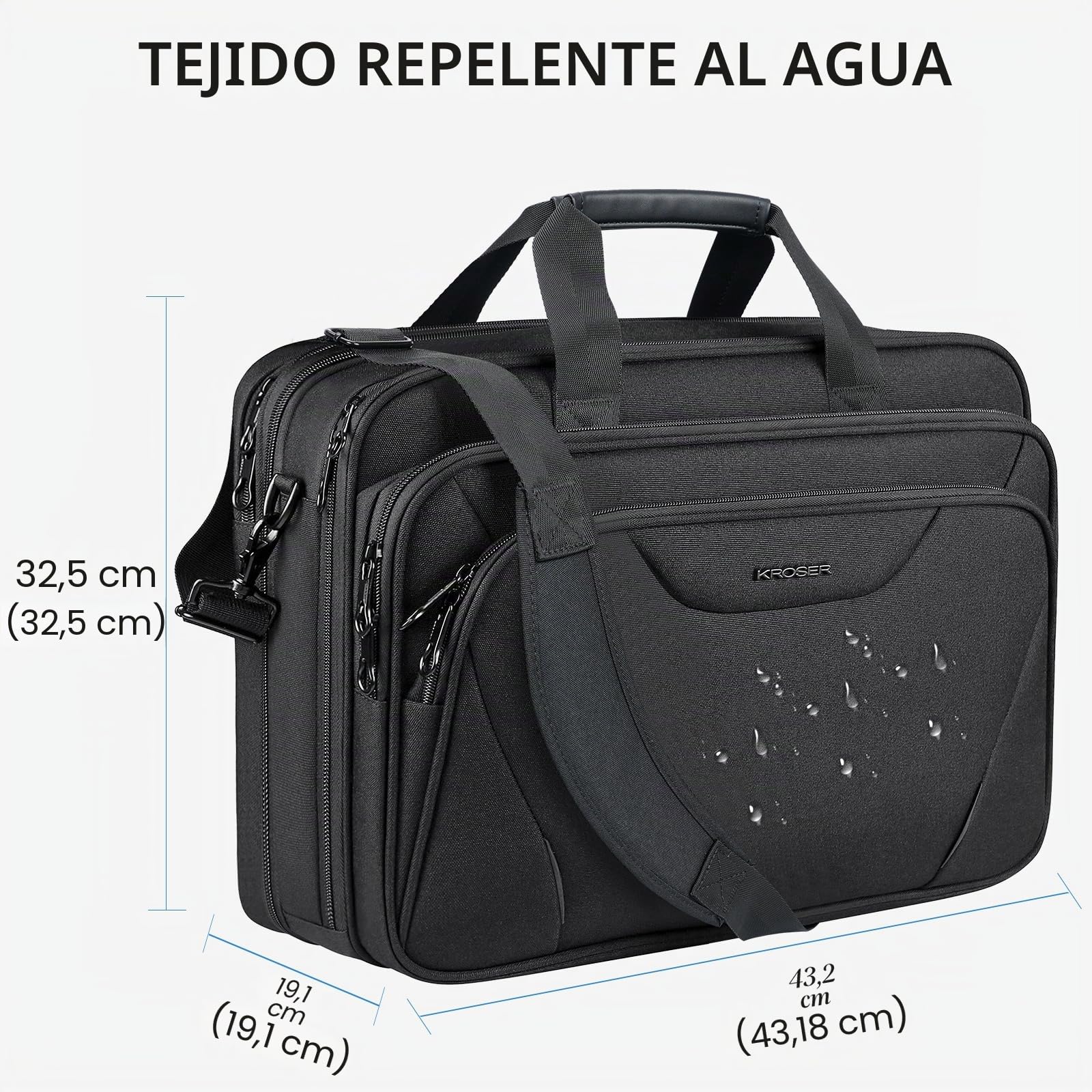KROSER Maletín para portátil para portátil de hasta 17.3 pulgadas para portátil de 17.3 pulgadas, expandible repelente al agua, bolsa de mensajero para viajes, negocios, escuela，Negro