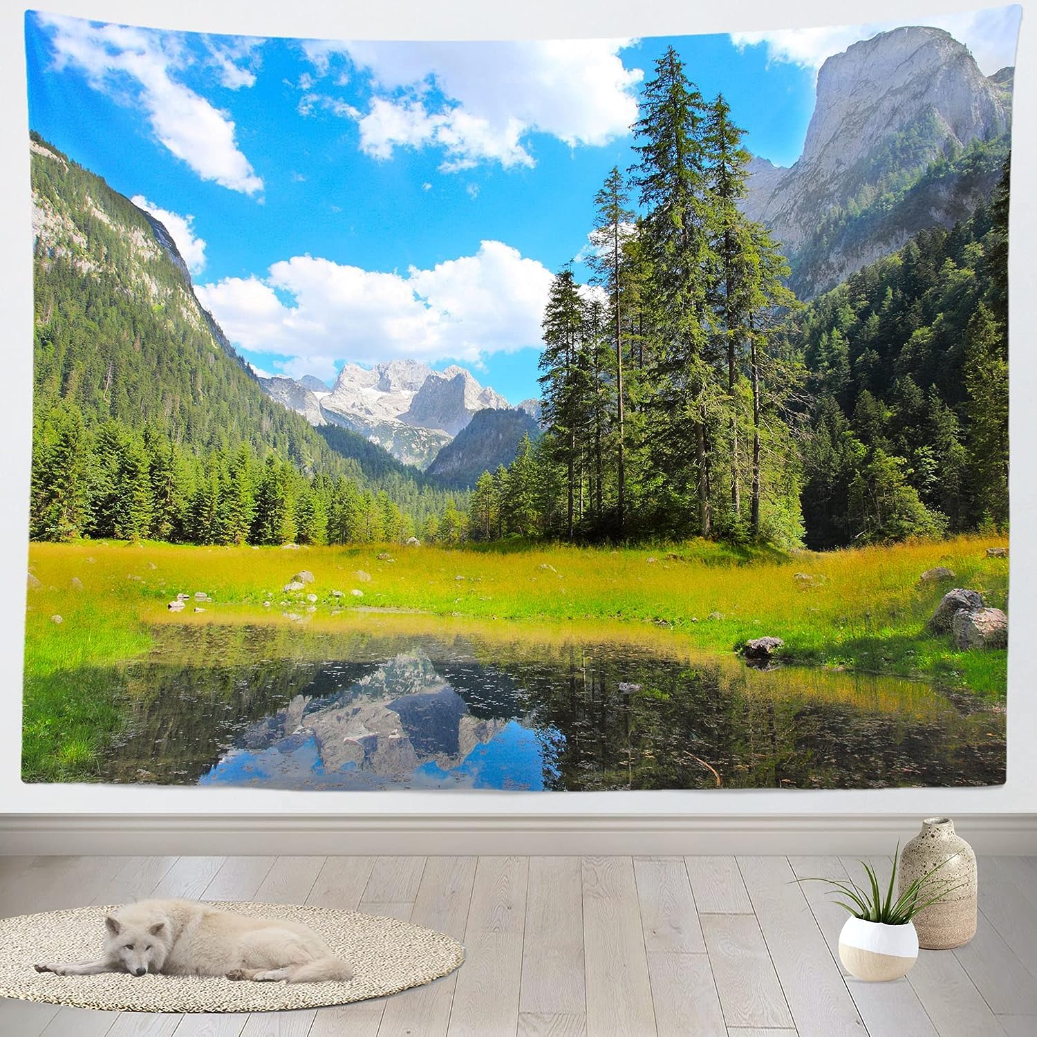 PUOJIEAT Dywan ścienny, naturalny krajobraz, ozdoba na ścianę, górski, dywan ścienny, estetyczny gobelin, chusta na ścianę 3D, do sypialni, salonu, dekoracja ścienna, pokój, 300 x 260 cm, 960-GT