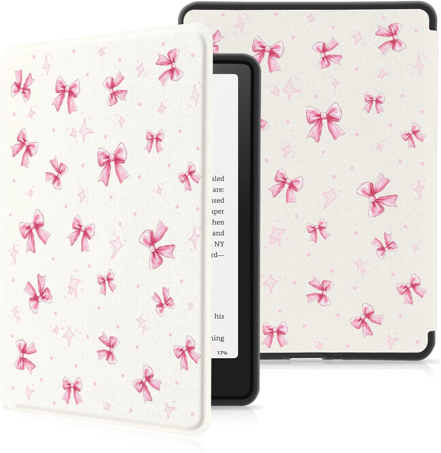 MAYCARI Slim Case for 7" Kindle Paperwhite 12th Gen 2024 & Kindle Colorsoft Signature Edition Case with Hand Strap, Premium PU Leather Protective Cover with Auto Sleep/Wake - Pink Star Bowknots