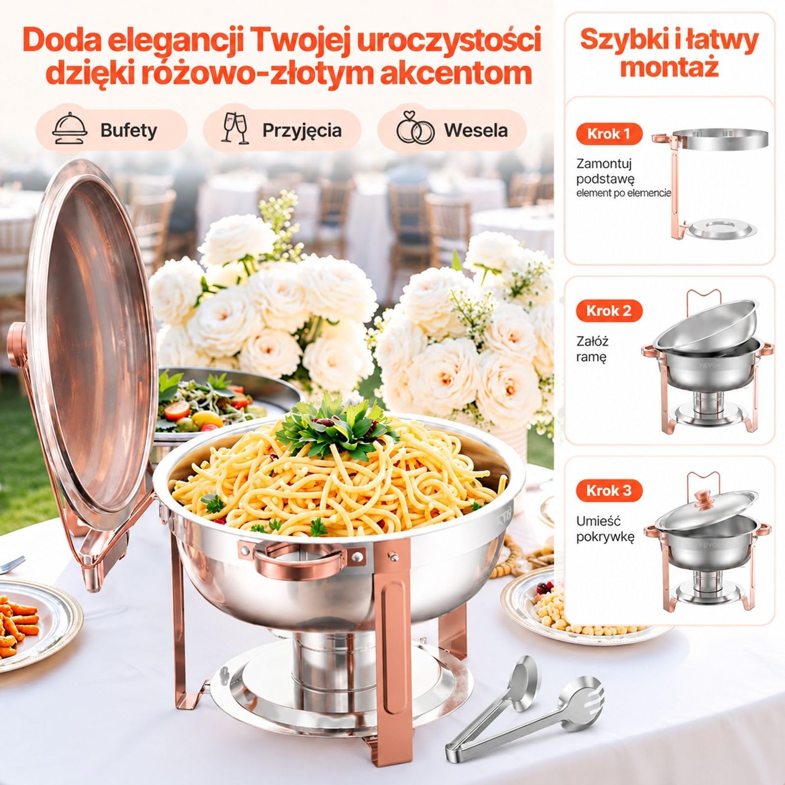 Zestaw naczyń do podgrzewania, 4 szt, 4,7 l, okrągła stal nierdzewna, różowe złoto, do bufetu i cateringu