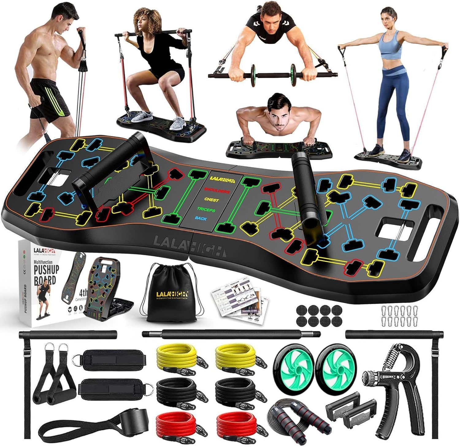 LALAHIGH Portable Home Gym System: Large Compact Push Up Board, Pilates Bar & 20 Fitness Accessories with Resistance Bands & Ab Roller Wheel – Full Body Workout for Men and Women, Gift for Boyfriend