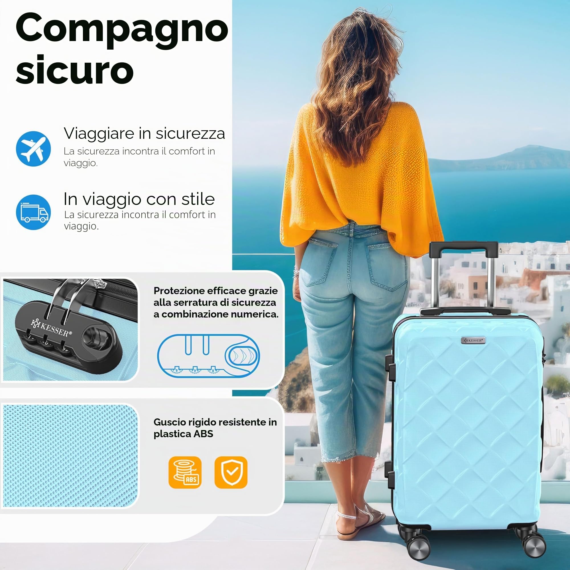 KESSER Set di 4 valigie da viaggio in ABS, con serratura a combinazione, bilancia e portafoglio da viaggio, ruote a 360°, bagaglio a mano e grande valigetta per trolley da lavoro e da viaggio, blu