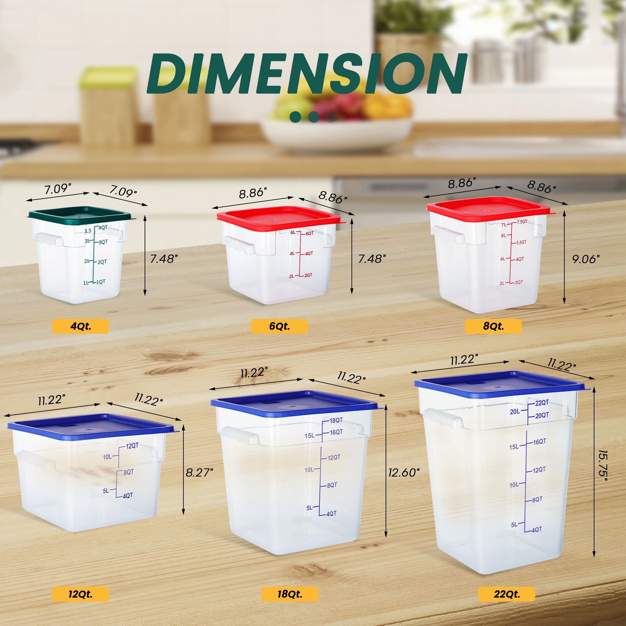 Paquete de 4 recipientes de almacenamiento de alimentos de 12 cuartos de galón con tapas, recipientes cuadrados de policarbonato para alimentos, NSF, transparente
