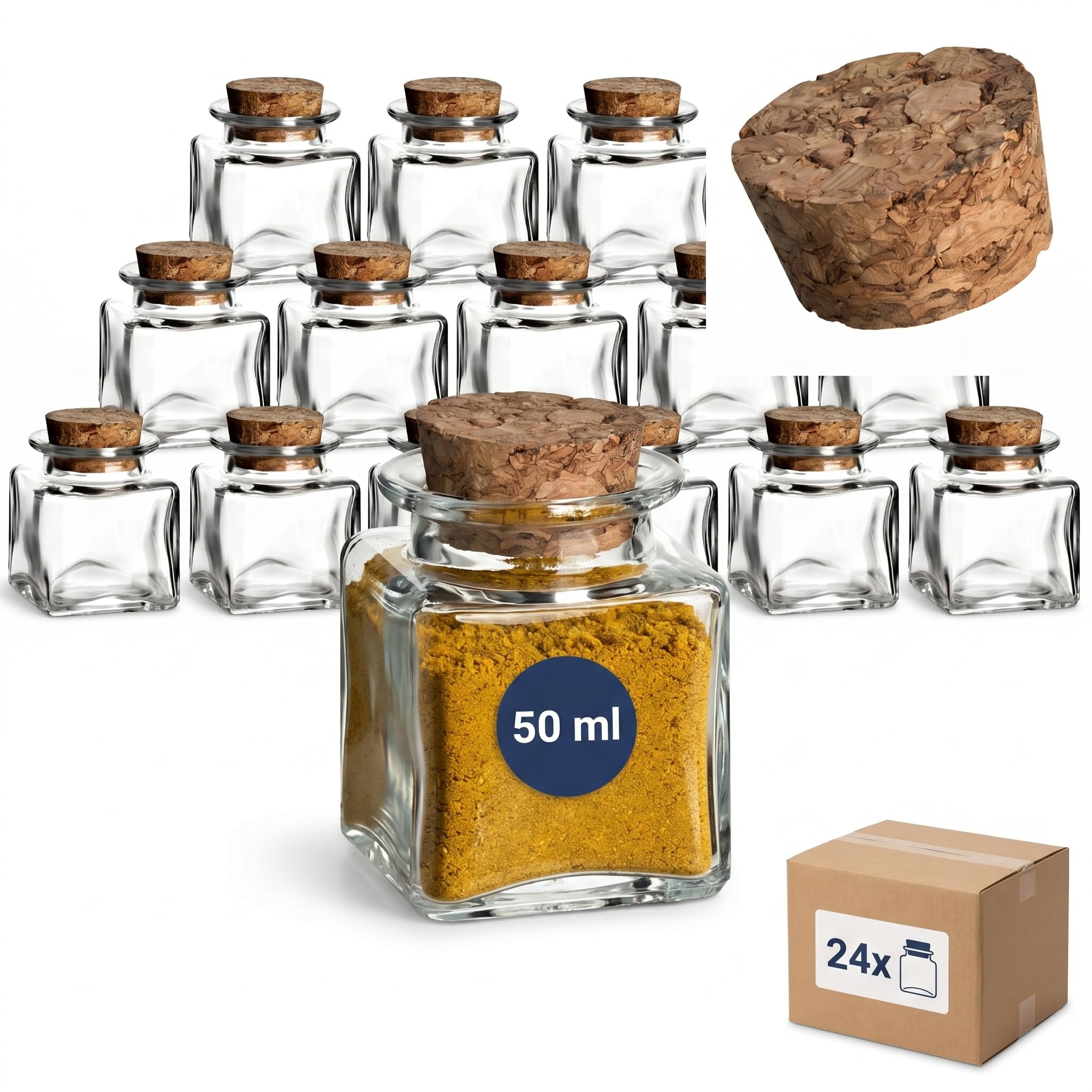 gouveo Set da 24 barattoli quadrati per spezie da 50 ml con tappo in sughero – Piccoli vasetti in vetro per erbe e spezie (KGE050PK)