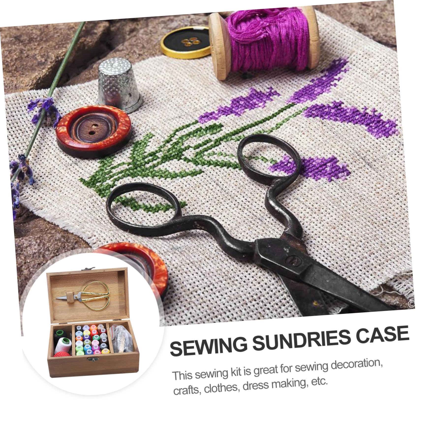 WOONEKY Caja de Costura de Madera Sólida Agujas E Hilos para Manualidades Kit de Costura Completo para Principiantes y Profesionales Color Natural Uso en Hogar y Viaje Adecuado DIY