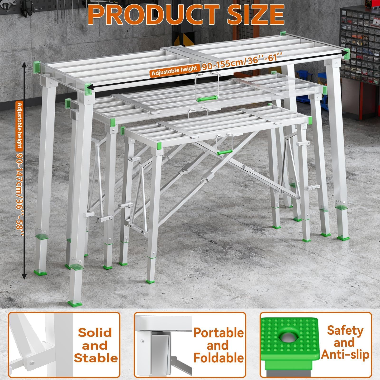Banc d'échafaudage pliable réglable de 453,6 kg | Plateforme de travail pliable multifonction portable pour travaux de construction et travaux de bricolage