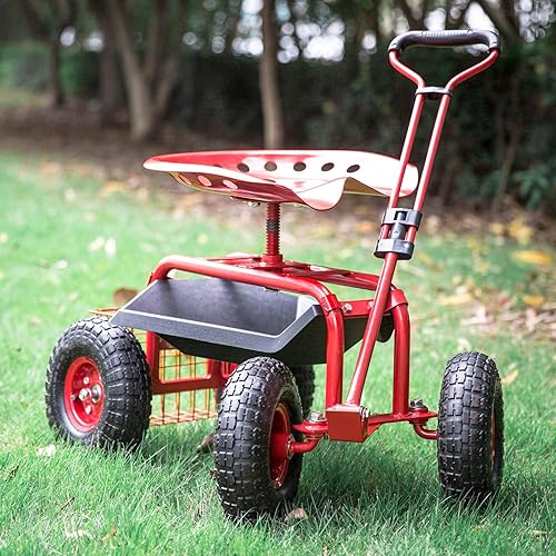 Miniatura 8 de Carrito de jardín ajustable, rojo, asiento giratorio de 360 grados, marco de acero duradero, impermeable, mango ajustable, bandeja de herramientas,