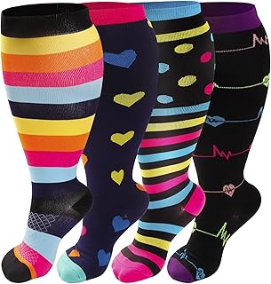 4 Pairs Plus Size Compression Socks for Women & Men, Extra Wide Calf 20-30 mmHg Knee High Compression Stockings for Circulation Swelling Support