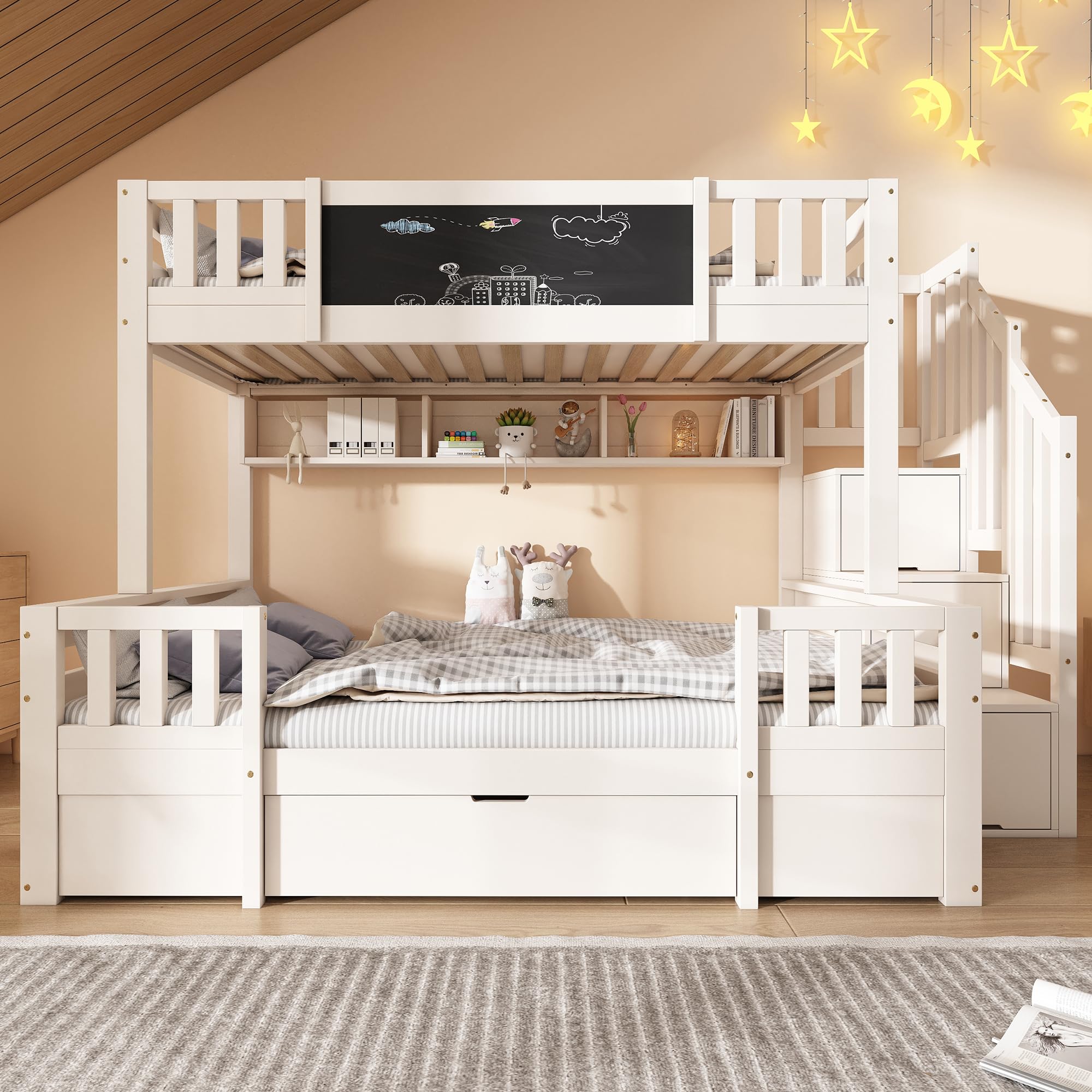 Etagenbett für 3 Kinder 90x200 & 140x200 aus Massivholz mit Kreidetafel, Stauraum-Treppe, 2 Schubladen und Leiterschrank, stabiles Hochbett/Stockbett Jugendbett (Weiß)