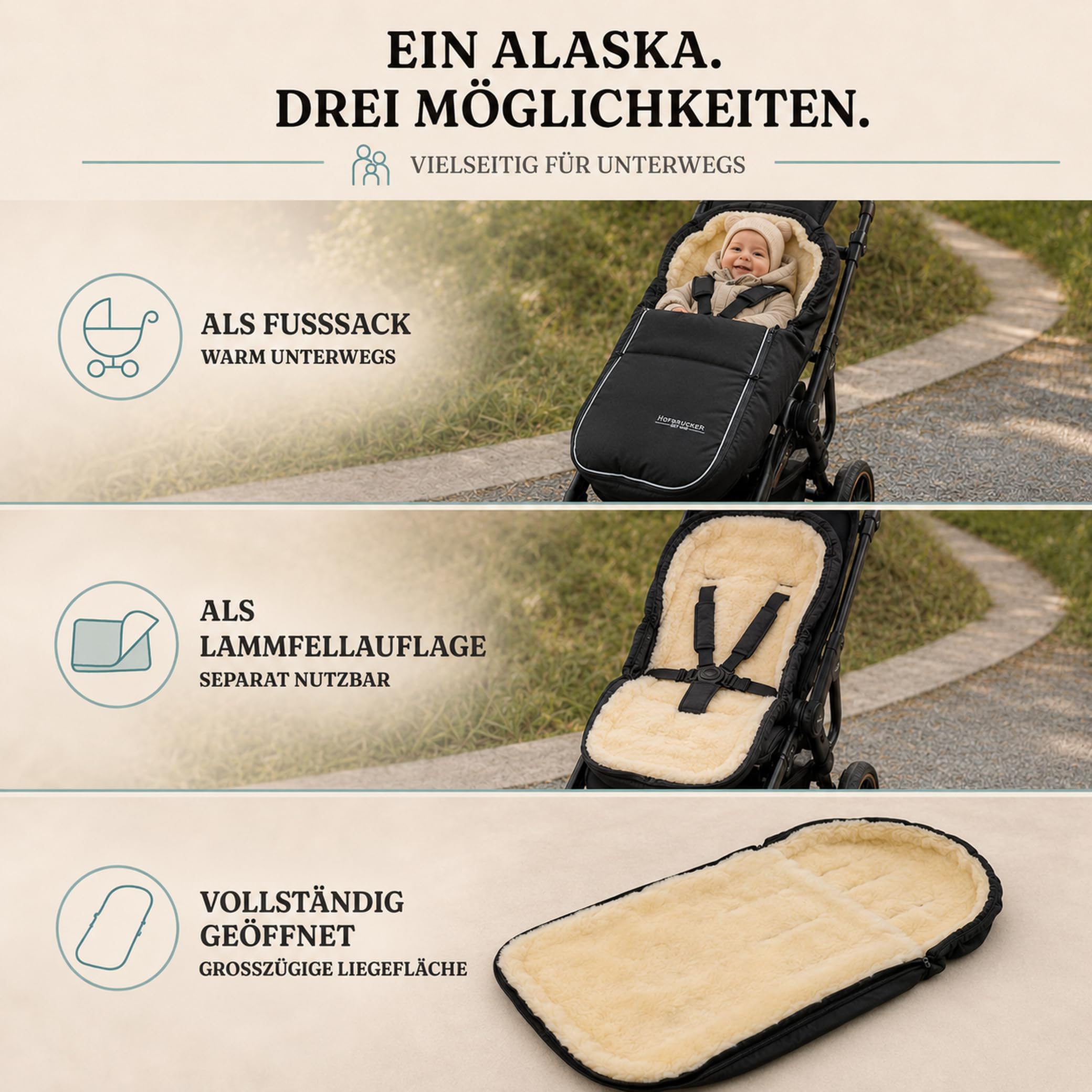 Hofbrucker Alaska - Coprigambe in pelliccia d'agnello per passeggino