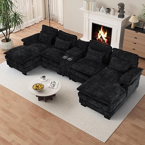 OUYESSIR U Shaped Cloud Sectional Couch, 132" Fluffy Modular Sofa Set with Double Chaise Lounge Central Console & USB Port, Comfy Chenille Big Sectional Couches for Living Room, Dark Black