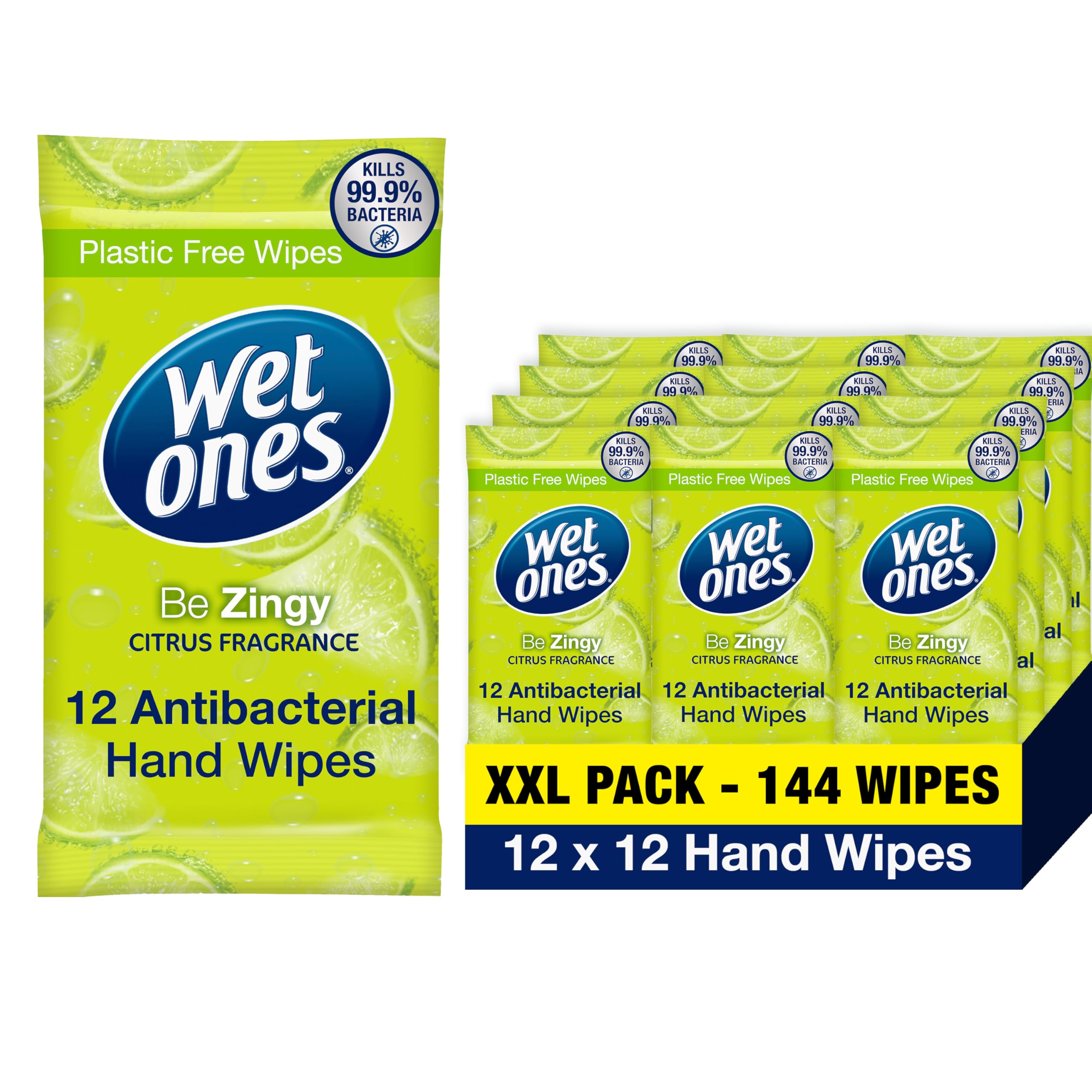 Wet Ones – Be Zingy – Plastic Free Antibacterial Pocket Size Hand Wipes - 144 wipes – 12 packs x 12 wipes
