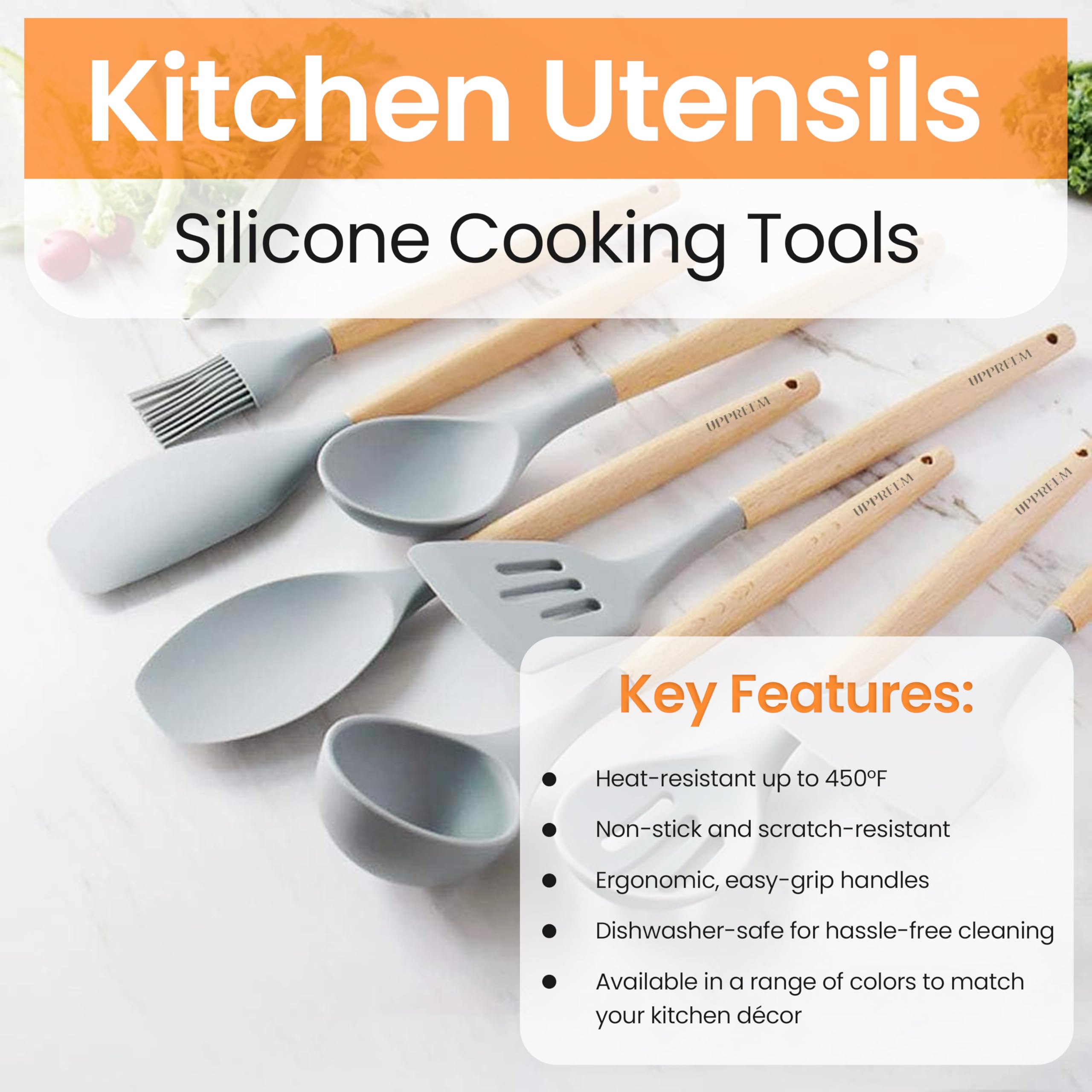 Juego de 12 utensilios de cocina de silicona, resistentes al calor, antiadherentes, juego de 12 espátulas, cabeza de silicona y asas de madera (color caqui)