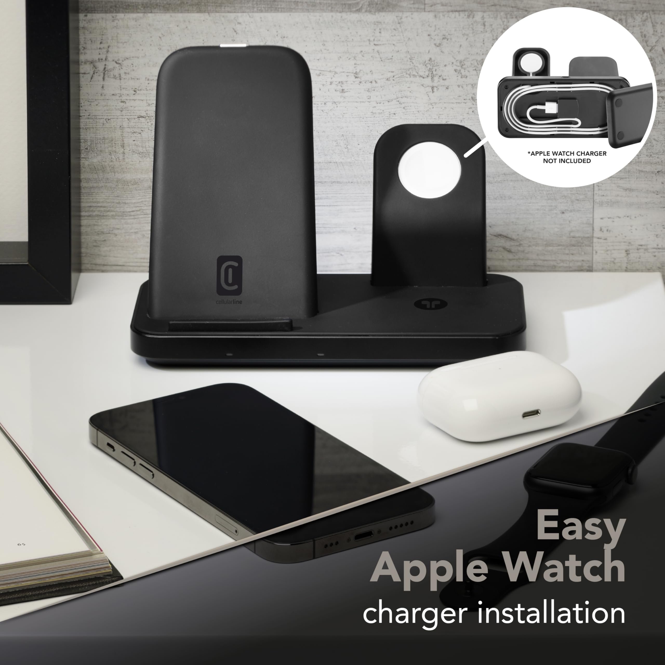 Cellularline | Trio Wireless Charger | Cargador inalámbrico 3 en 1 para Dispositivos Apple: iPhone, Apple Watch, Airpods