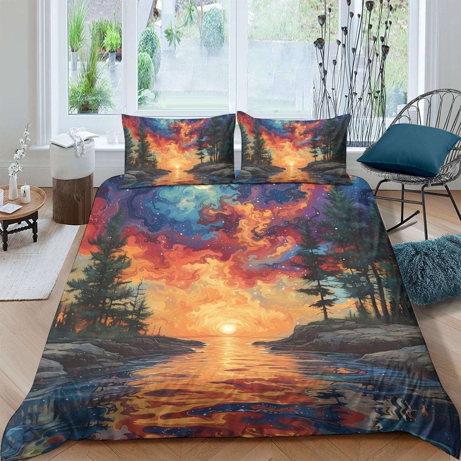 Ctjqhvkz Style-6 3D Printed Sunset Lake Fitted Sheet Microfiber Soft Art Forest Bed Cover For Bedroom Dorm Mattress Decor Single（135X200cm）