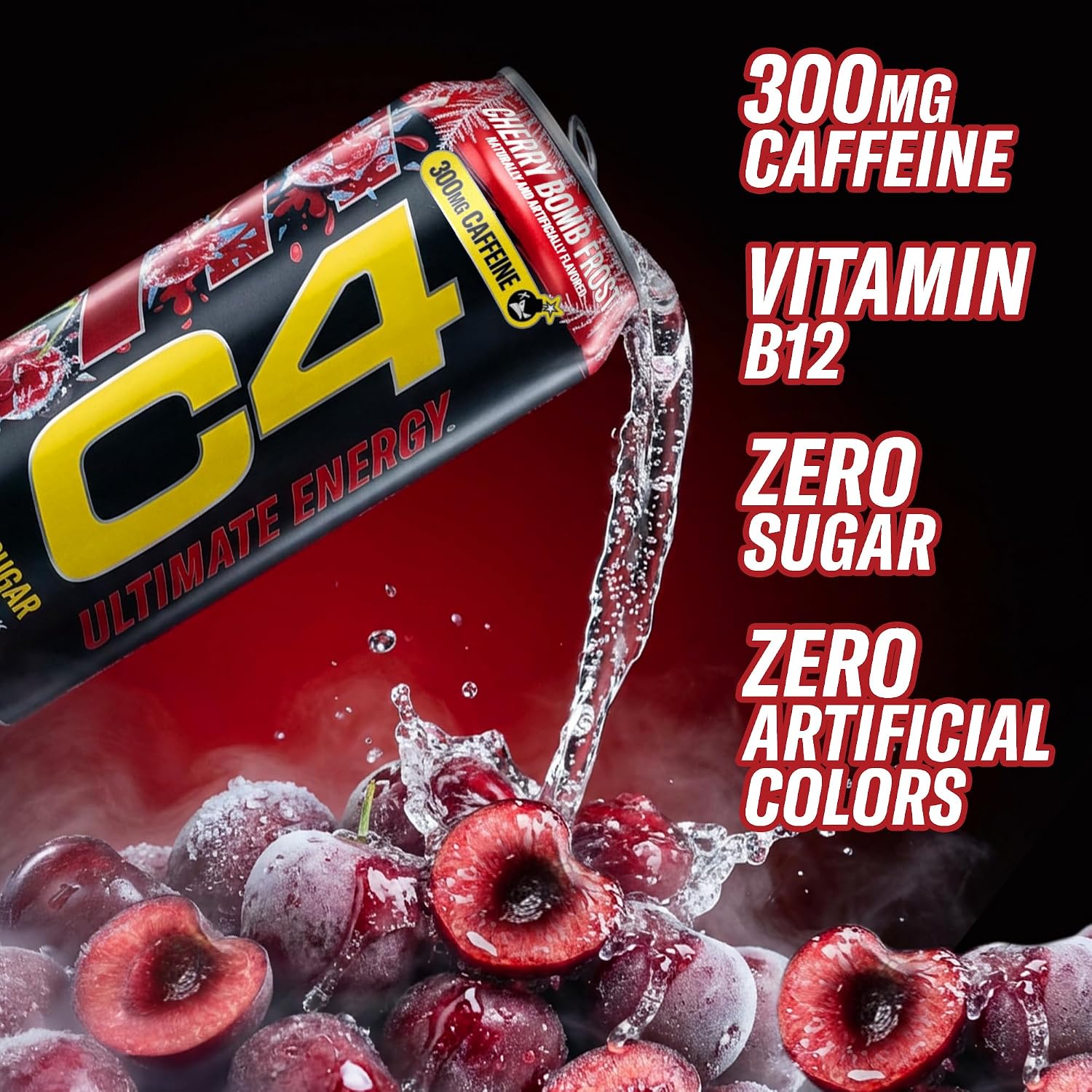 C4 Ultimate Energy Drink, 300mg Caffeine, Zero Sugar, High-Performance Energy for Pre-Workout, Endurance, and Focus, Cherry Bomb Frost, 16oz (Pack of 12)