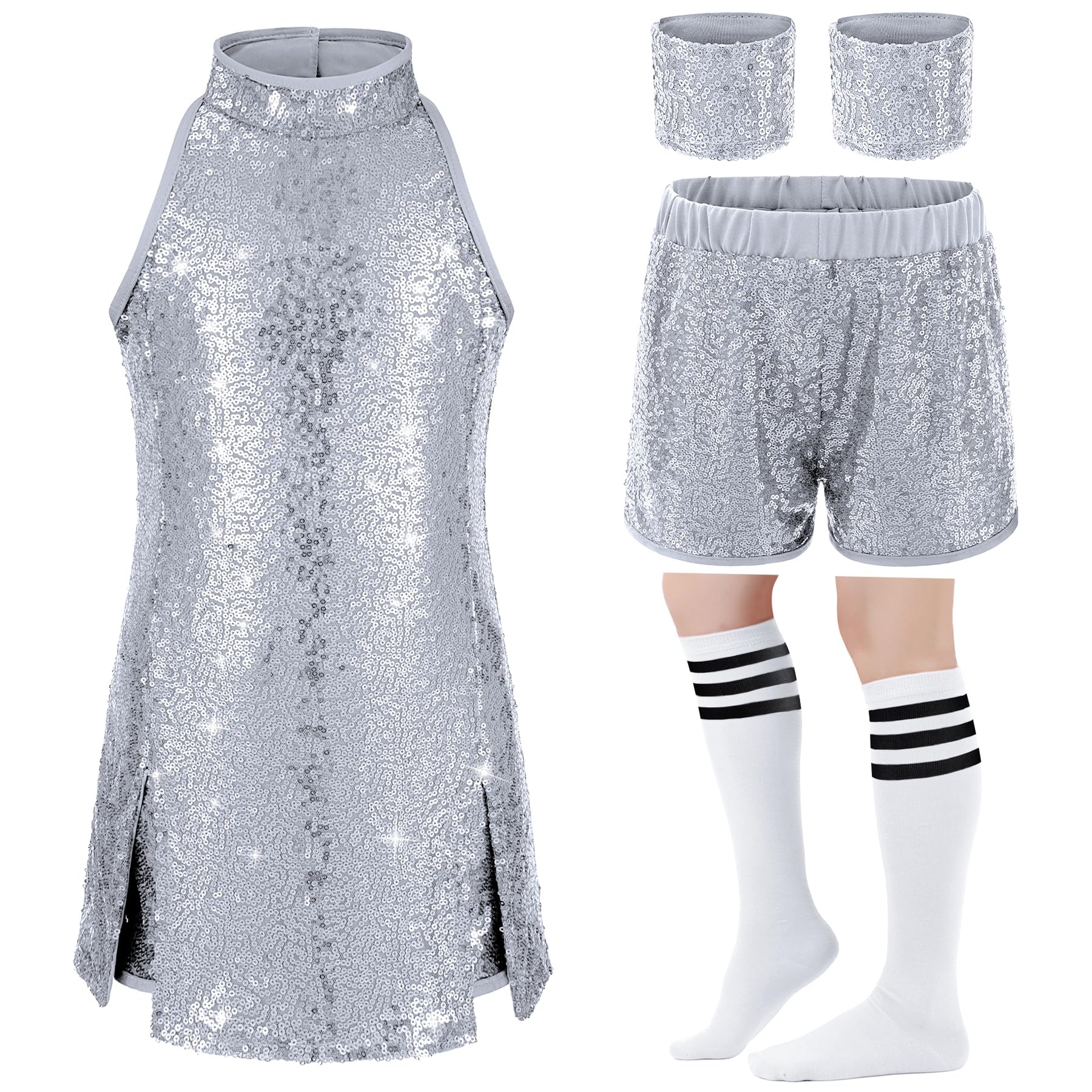 Girls Sequins Dance Outfit Dress Kids Sparkle Jazz Singer Star Costume Top Shorts 4PCS Set 12-14 Years Silver