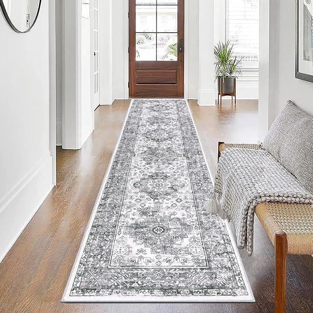 SHACOS Hallway Washable Runner Rug Non Slip Grey 60x240 CM Extra Long Hallway Hall Runner Narrow Rugs Soft Traditional Vintage Area Rug Low Pile Long Floor Carpet for Hallway Entryway Kitchen Bathroom