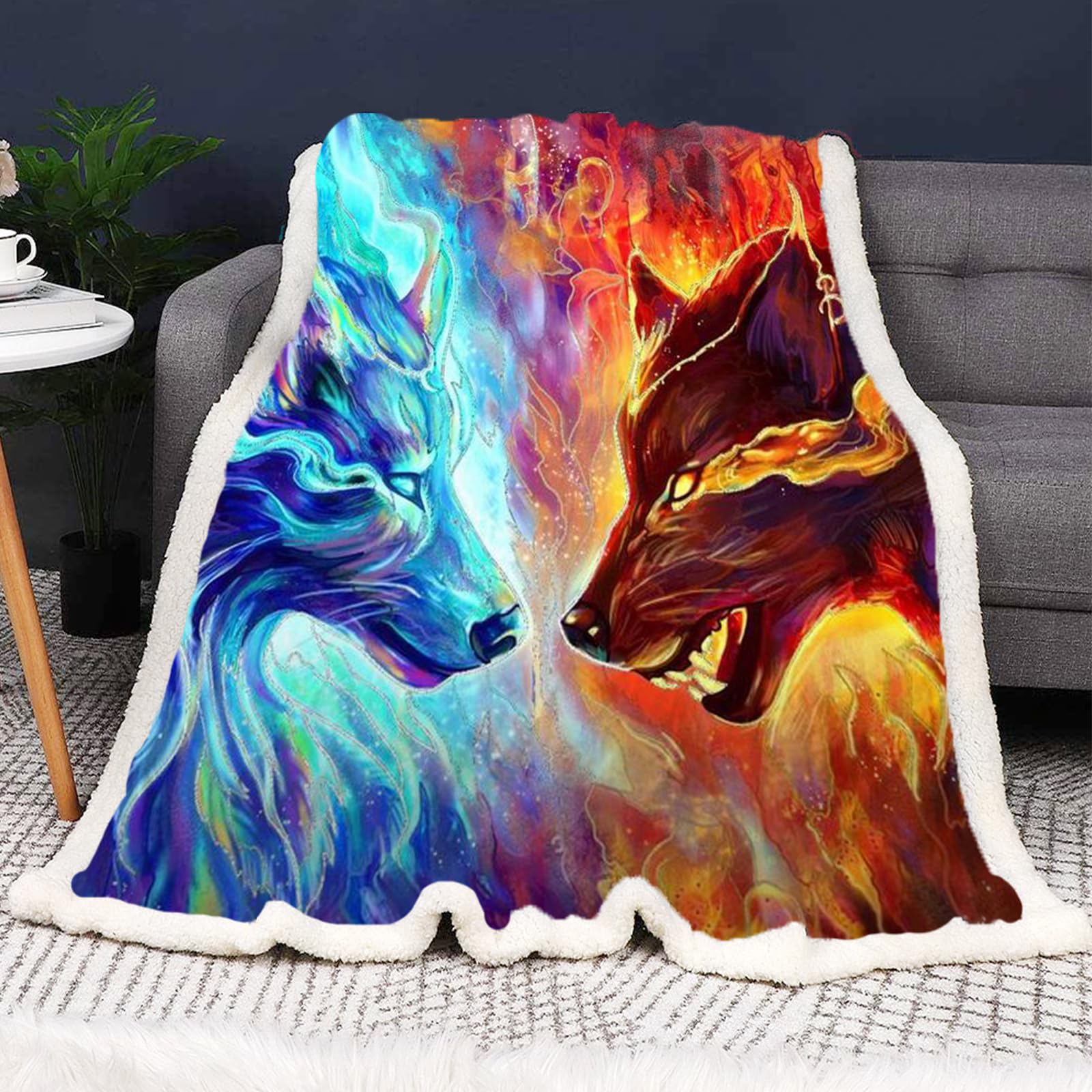 SMchwbc Wolf Blanket - Cuddly Children's Fleece Blanket, 150 x 200 cm, 3D Print Forest, Wild Animal Wolf, Fluffy Sofa & Bedspread (9.75 x 100 cm)