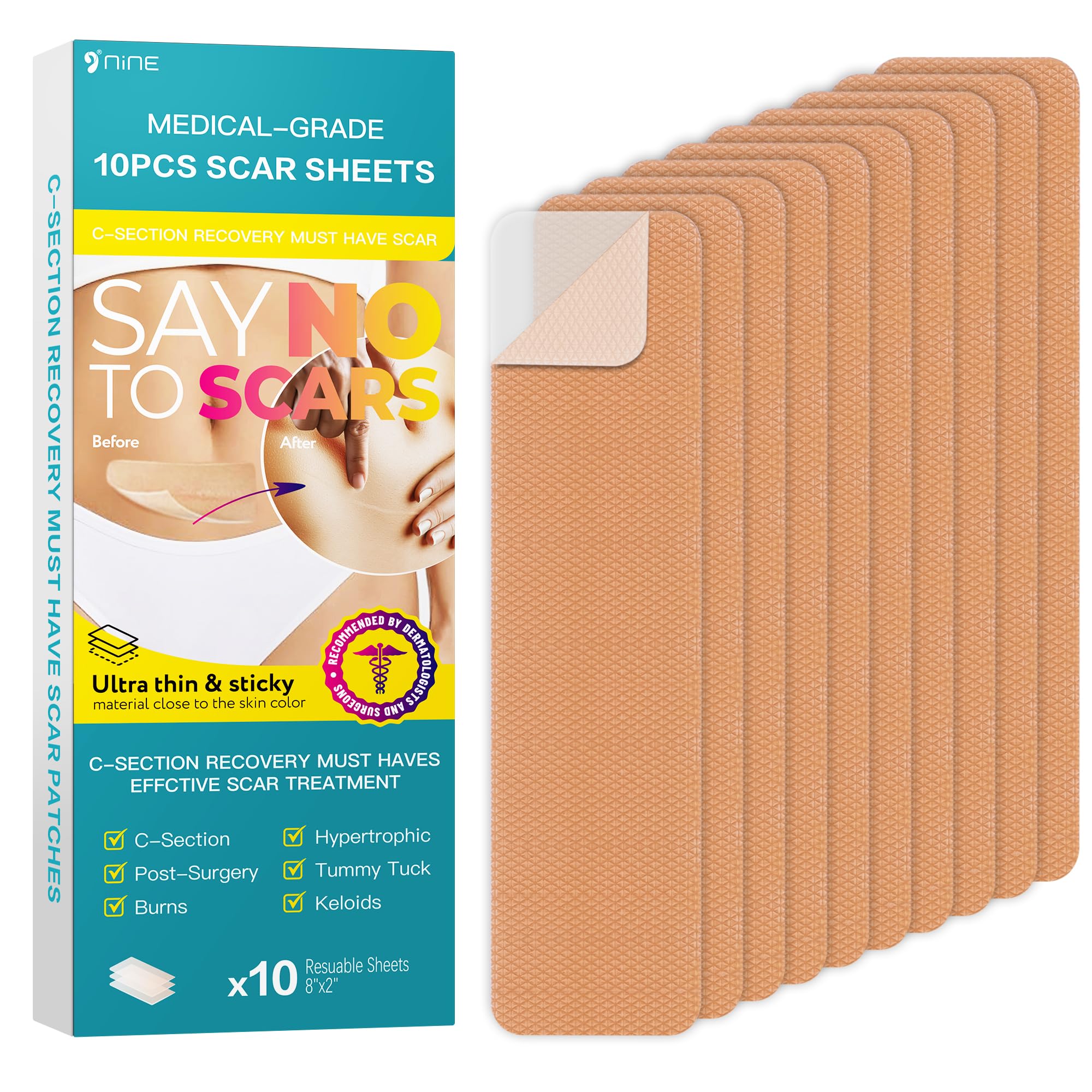 Silicone Scar Thicked Sheets,C Section Recovery Kit 2in x 8in 10ct | Reuseable Extra Long Scar Strips for Reducing the Appearance of Keloid Bump,