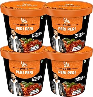 Yu Foodlabs Pasta - Ready to Eat - Spicy Peri Peri Sauce - Instant Meal - Pack of 4 - No Preservatives & Additives - 100% Natural & Vegetarian - Instant Food in 4 mins - 800 GMS