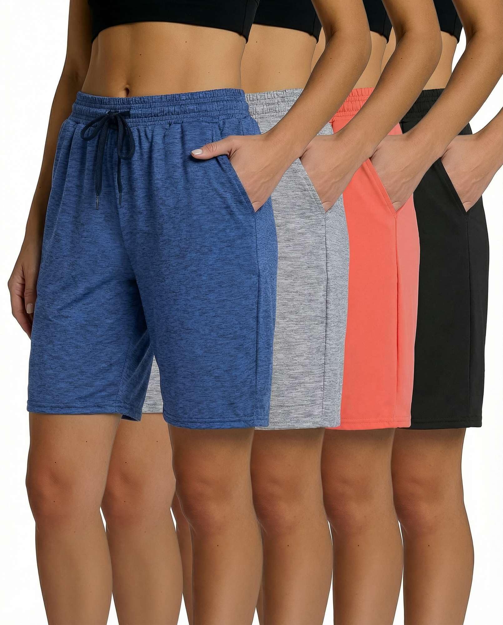 Real Essentials 4 Pack: Women's Dry-Fit Athletic 7" Bermuda Long High Waisted Running Shorts (Available in Plus Size), Set 3, M, Pack of 4