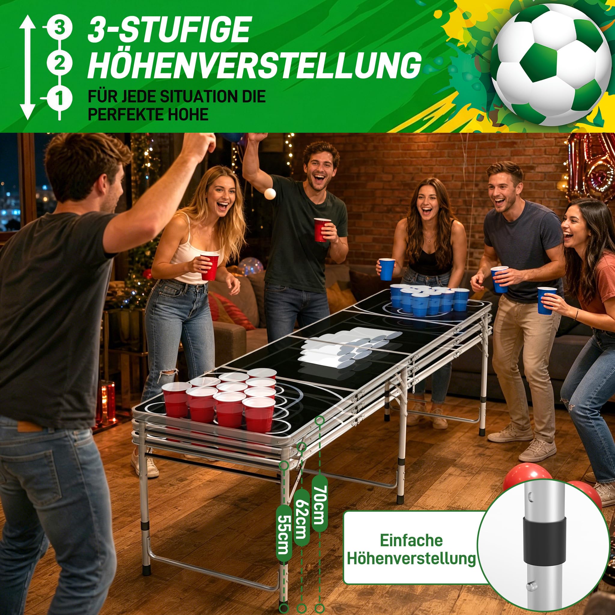 HENGMEI Beer Pong - Set da tavolo pieghevole con 100 bicchieri (50 rossi e 50 blu), 5 palline, giochi di lancio per l'estate e festival, giochi di festa, colore nero